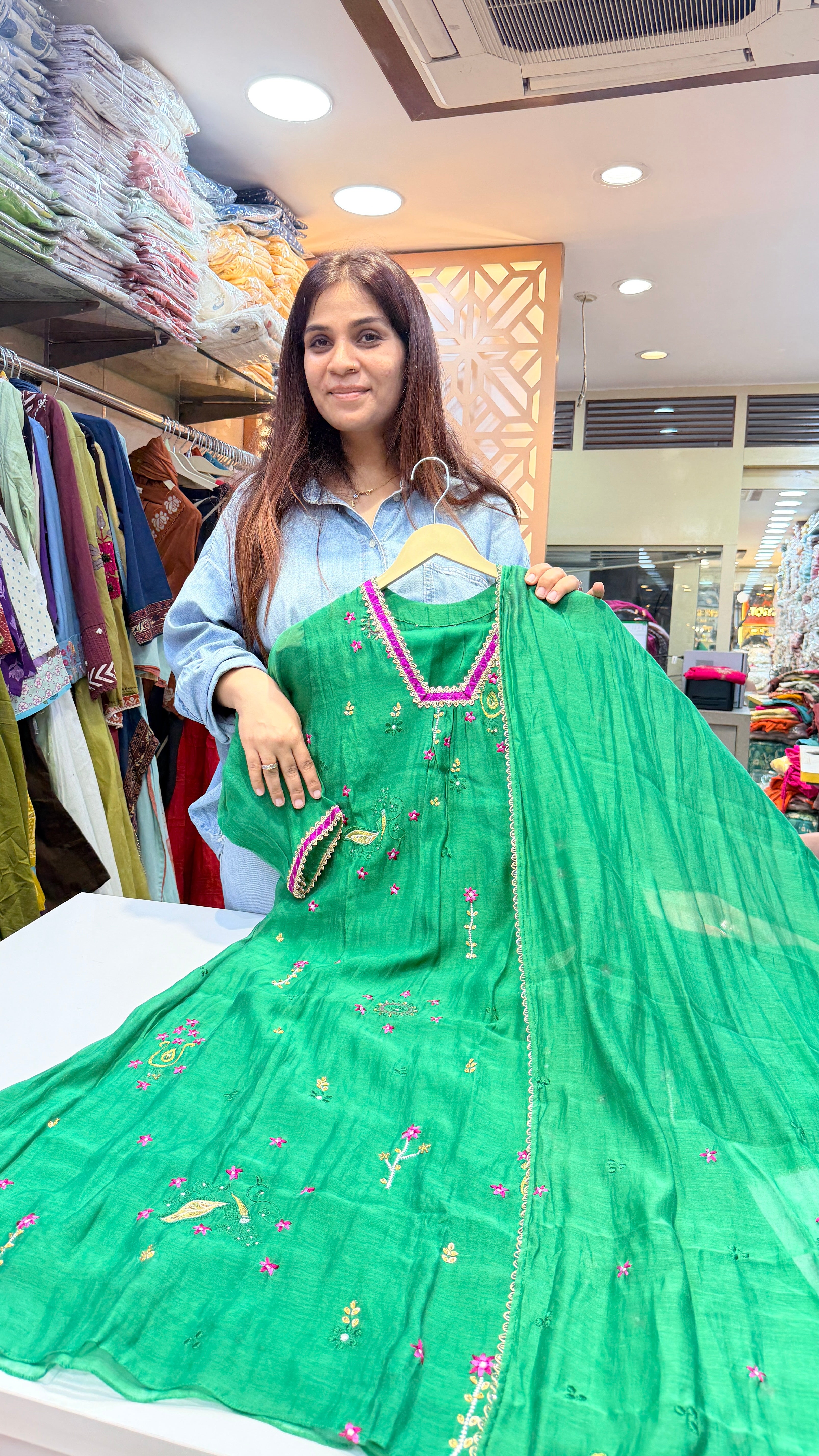 Emerald Green Suit Set with Embroidered Neck & Dupatta