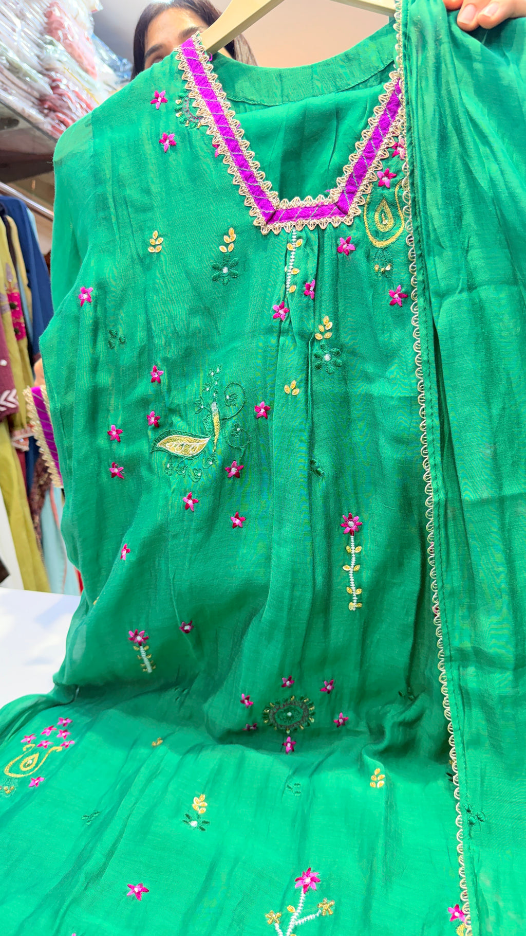 Emerald Green Suit Set with Embroidered Neck & Dupatta
