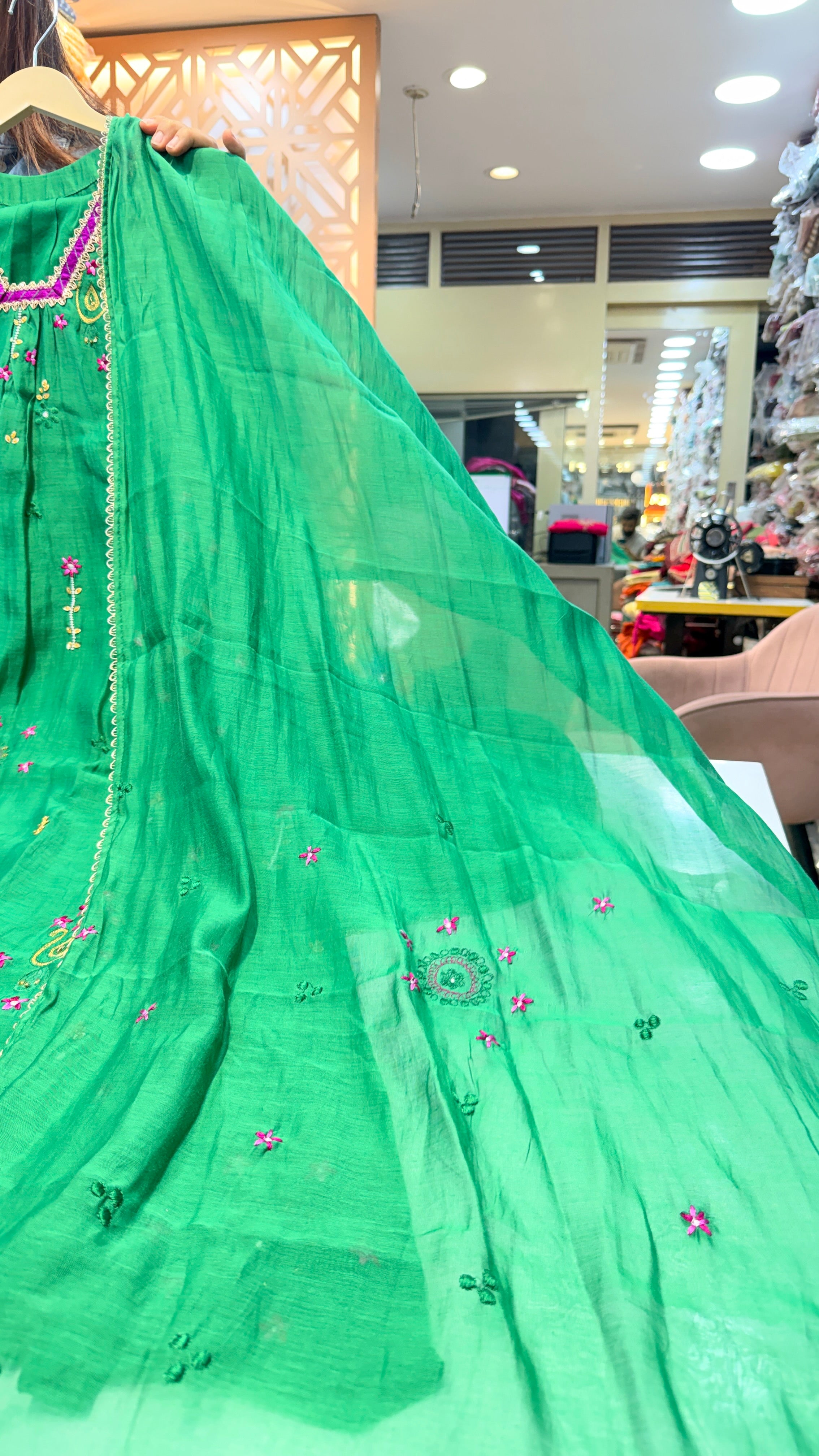 Emerald Green Suit Set with Embroidered Neck & Dupatta