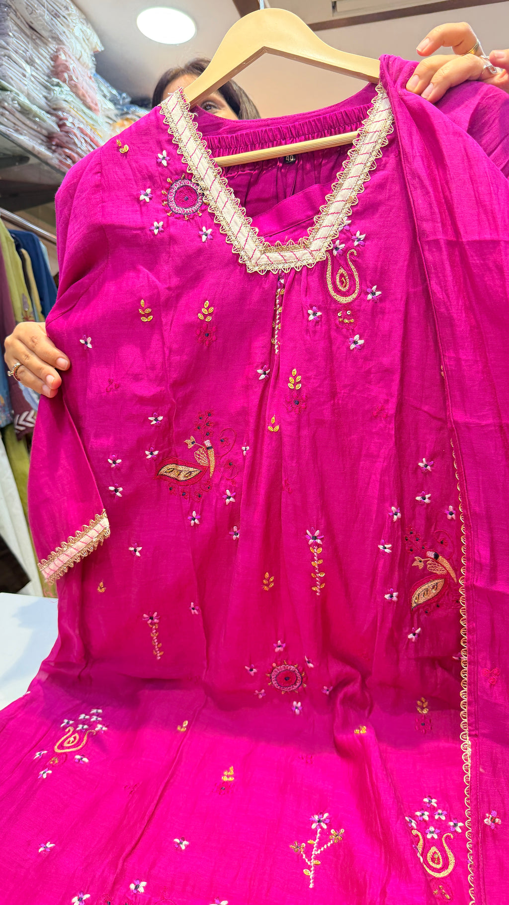 Rani Pink Mul Chanderi Kurta Set with Lace Neck & Dupatta