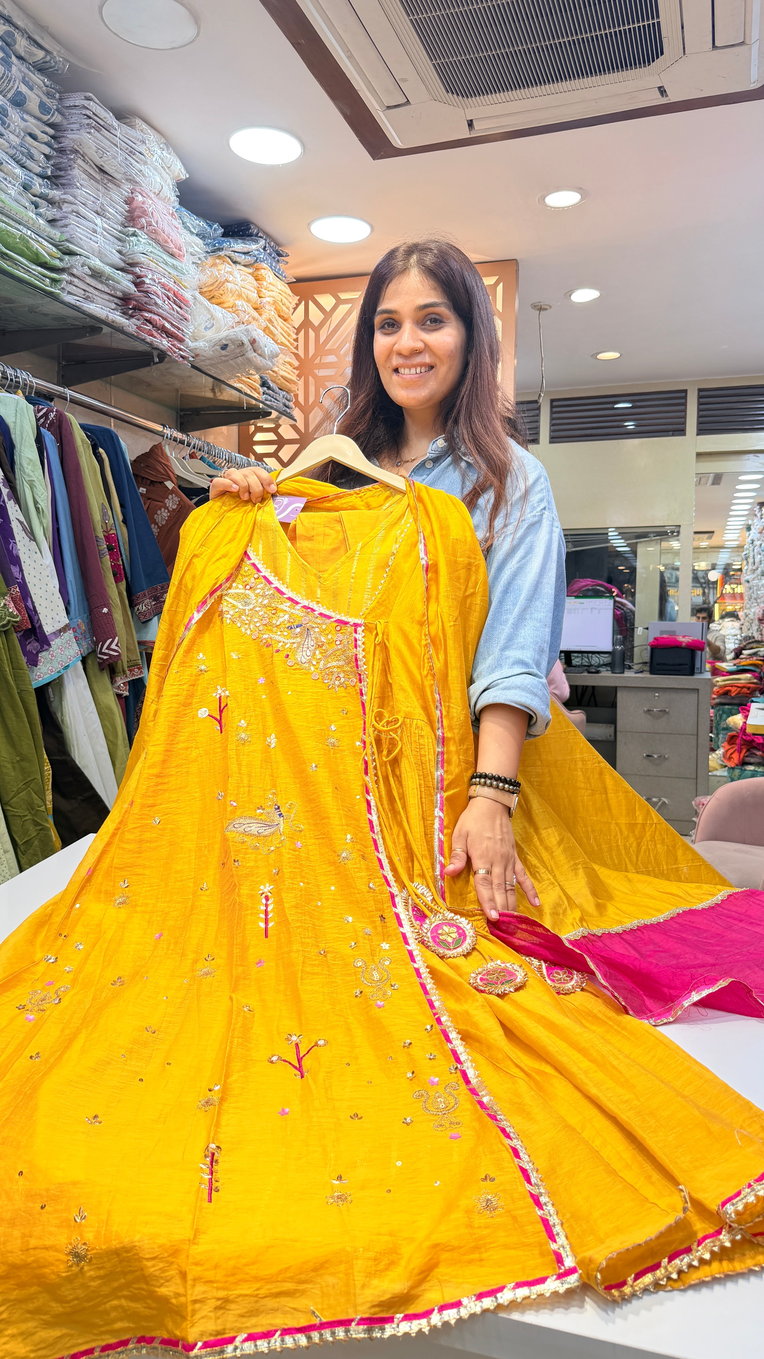 Yellow Embroidered Angrakha Festive Suit Set with Contrast Dupatta