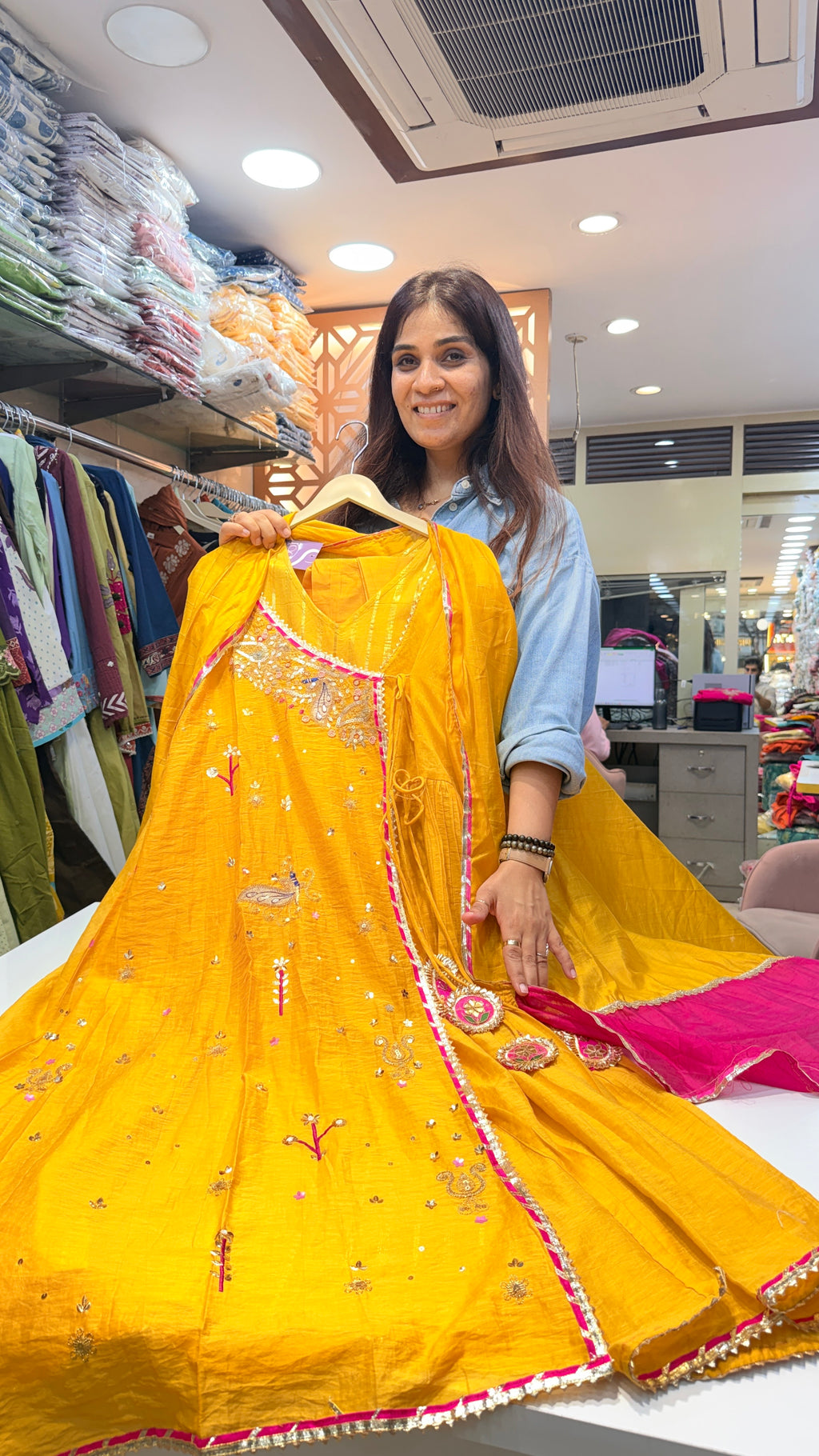 Yellow Embroidered Angrakha Festive Suit Set with Contrast Dupatta