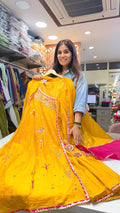 Yellow Embroidered Angrakha Festive Suit Set with Contrast Dupatta