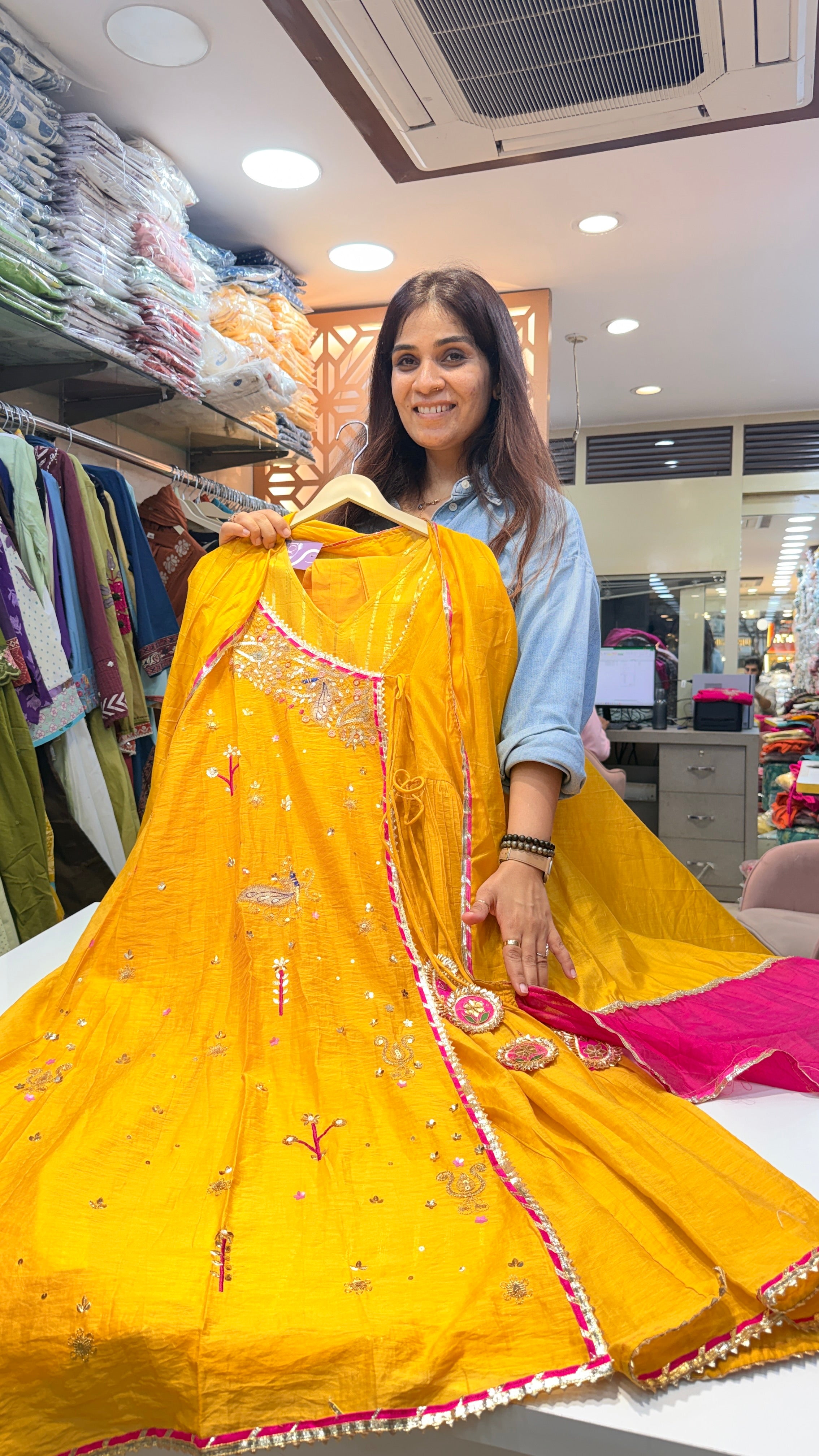 Yellow Embroidered Angrakha Festive Suit Set with Contrast Dupatta