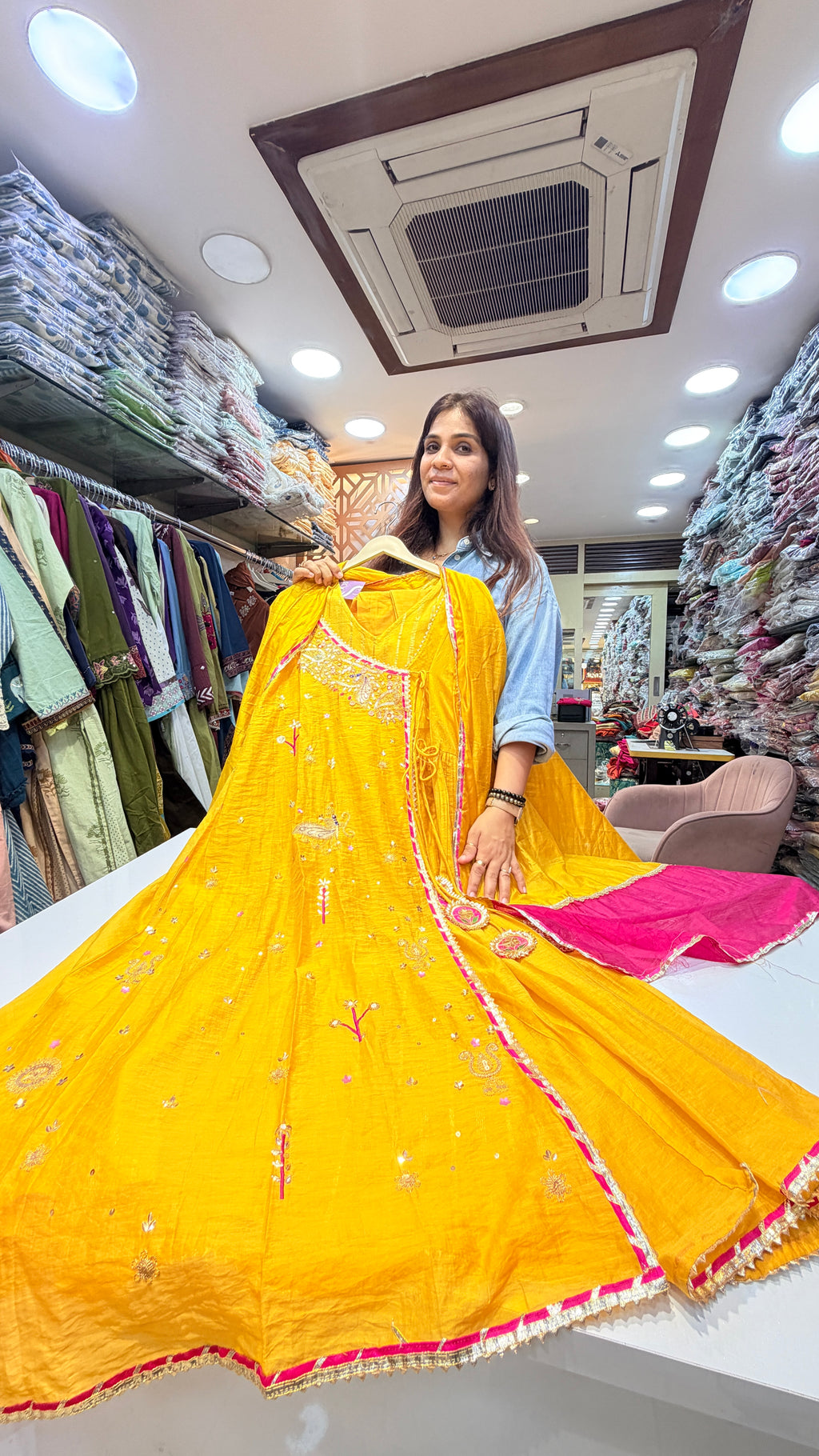 Yellow Embroidered Angrakha Festive Suit Set with Contrast Dupatta