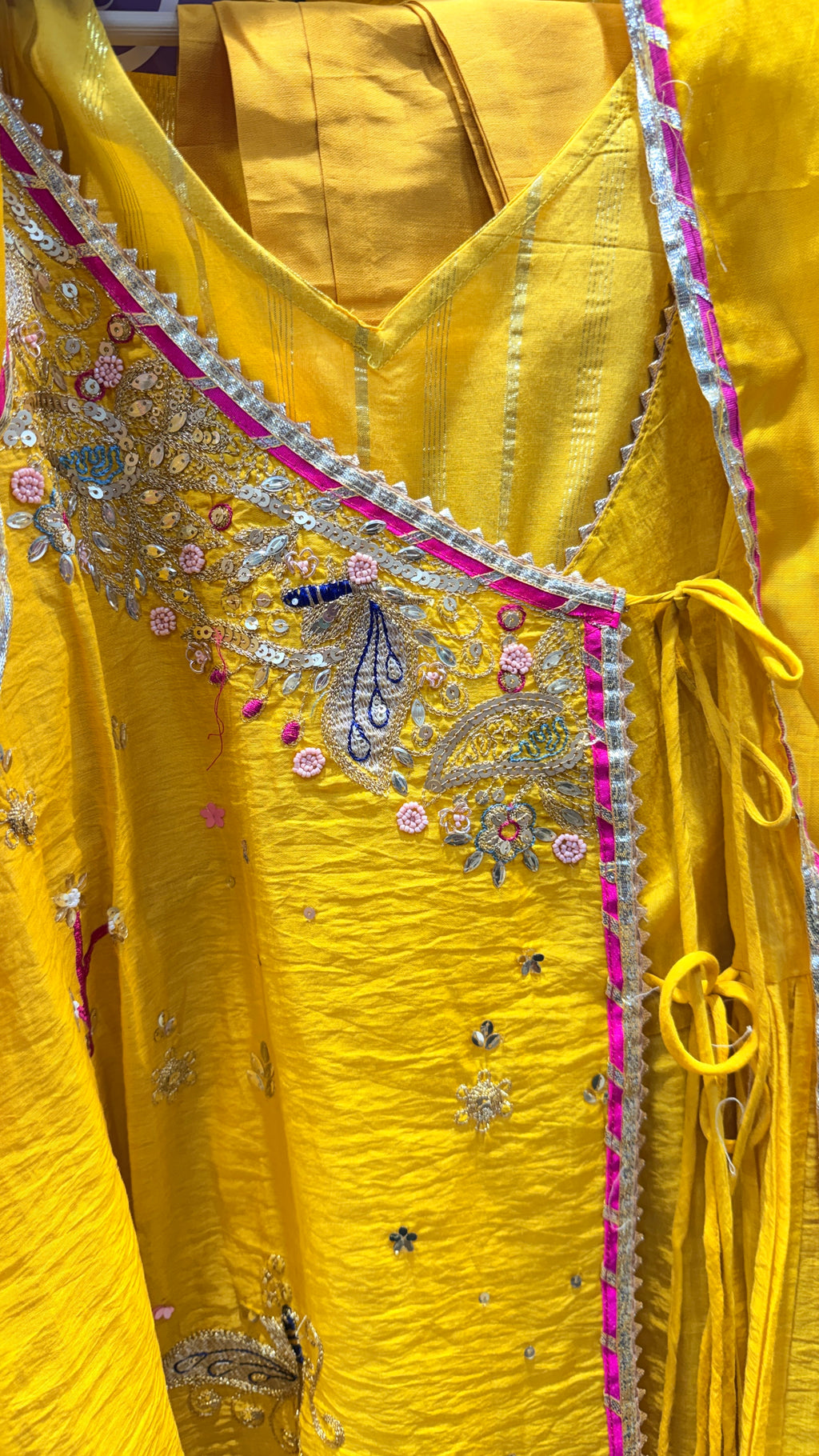Yellow Embroidered Angrakha Festive Suit Set with Contrast Dupatta