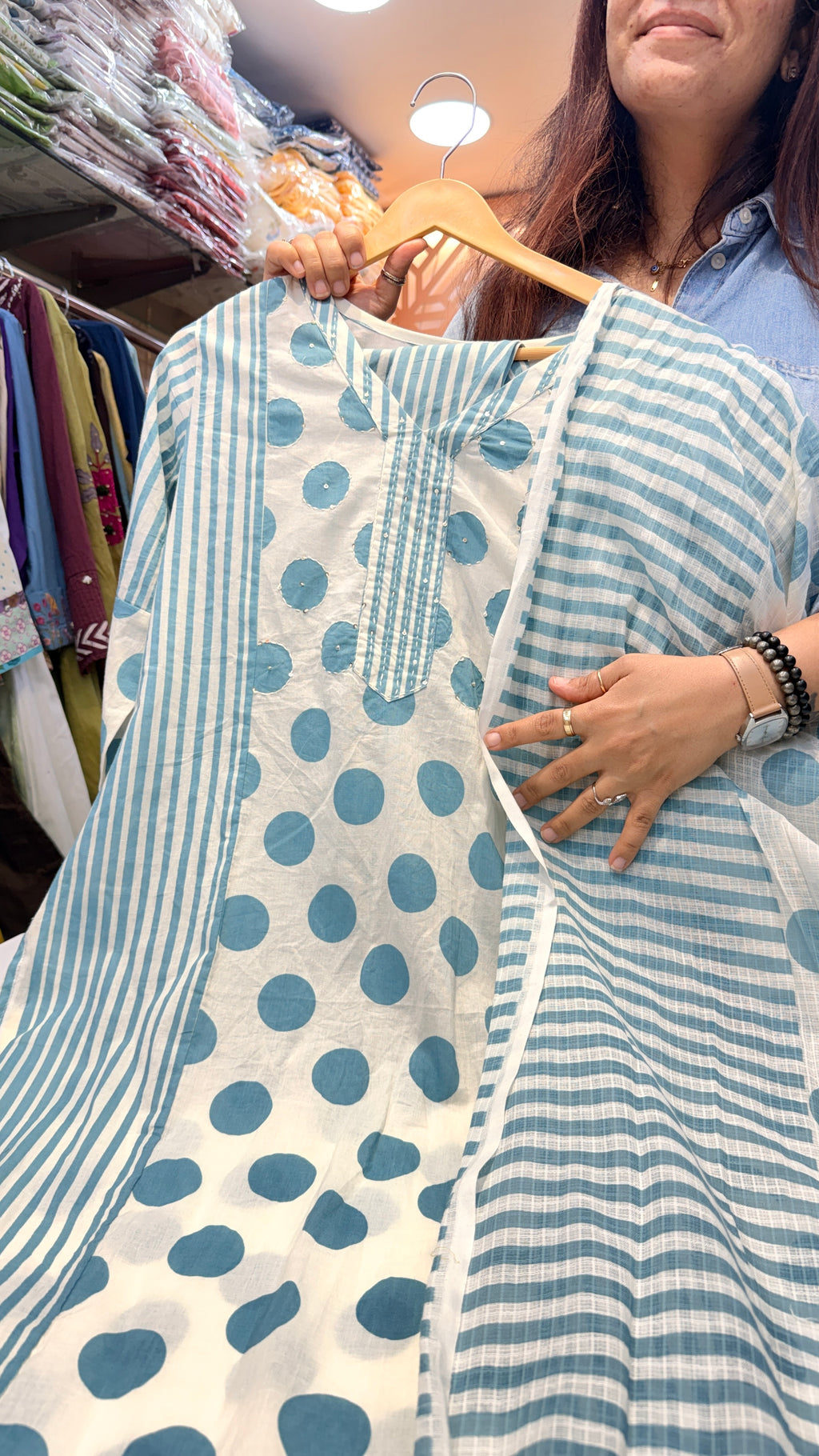 Printed Cotton Kurta Set with Dupatta – Aqua Polka & Stripe