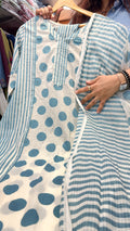 Printed Cotton Kurta Set with Dupatta – Aqua Polka & Stripe