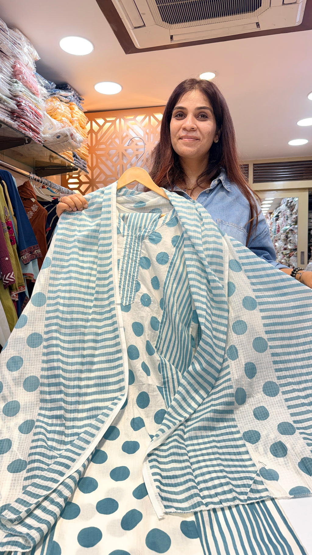Printed Cotton Kurta Set with Dupatta – Aqua Polka & Stripe