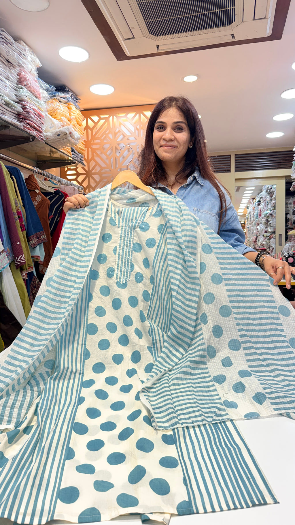 Printed Cotton Kurta Set with Dupatta – Aqua Polka & Stripe