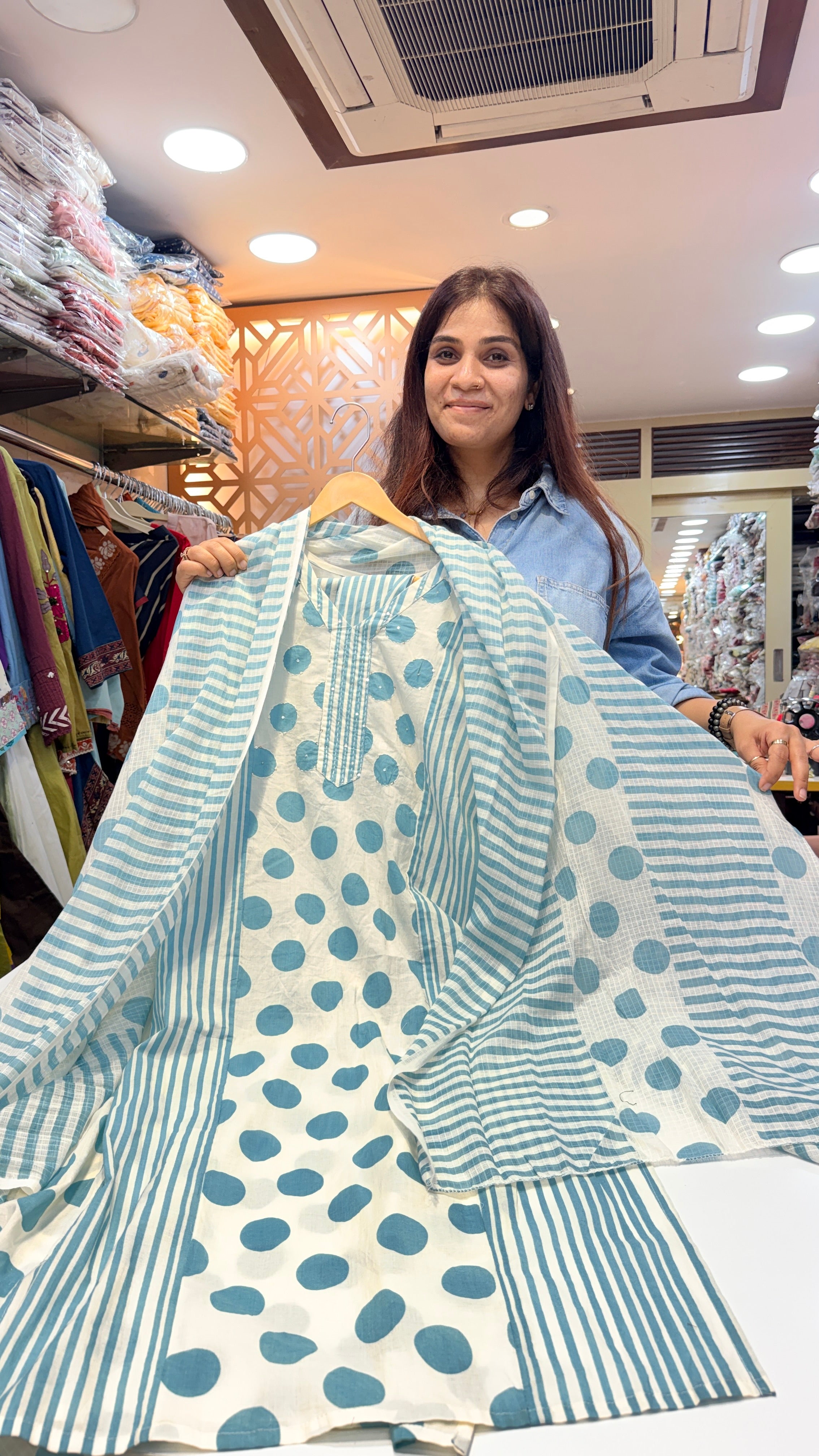 Printed Cotton Kurta Set with Dupatta – Aqua Polka & Stripe
