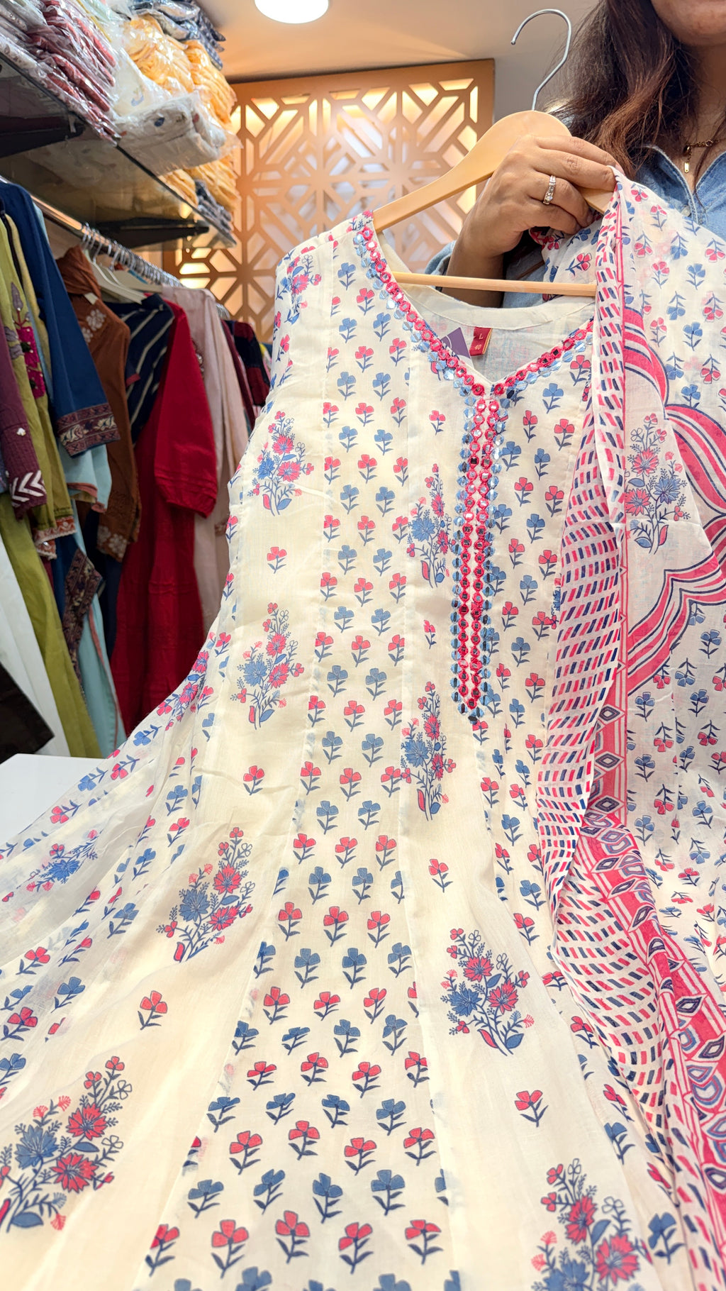 Floral Printed Cotton Kurta Set with Dupatta – Ivory, Pink & Blue