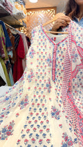 Floral Printed Cotton Kurta Set with Dupatta – Ivory, Pink & Blue