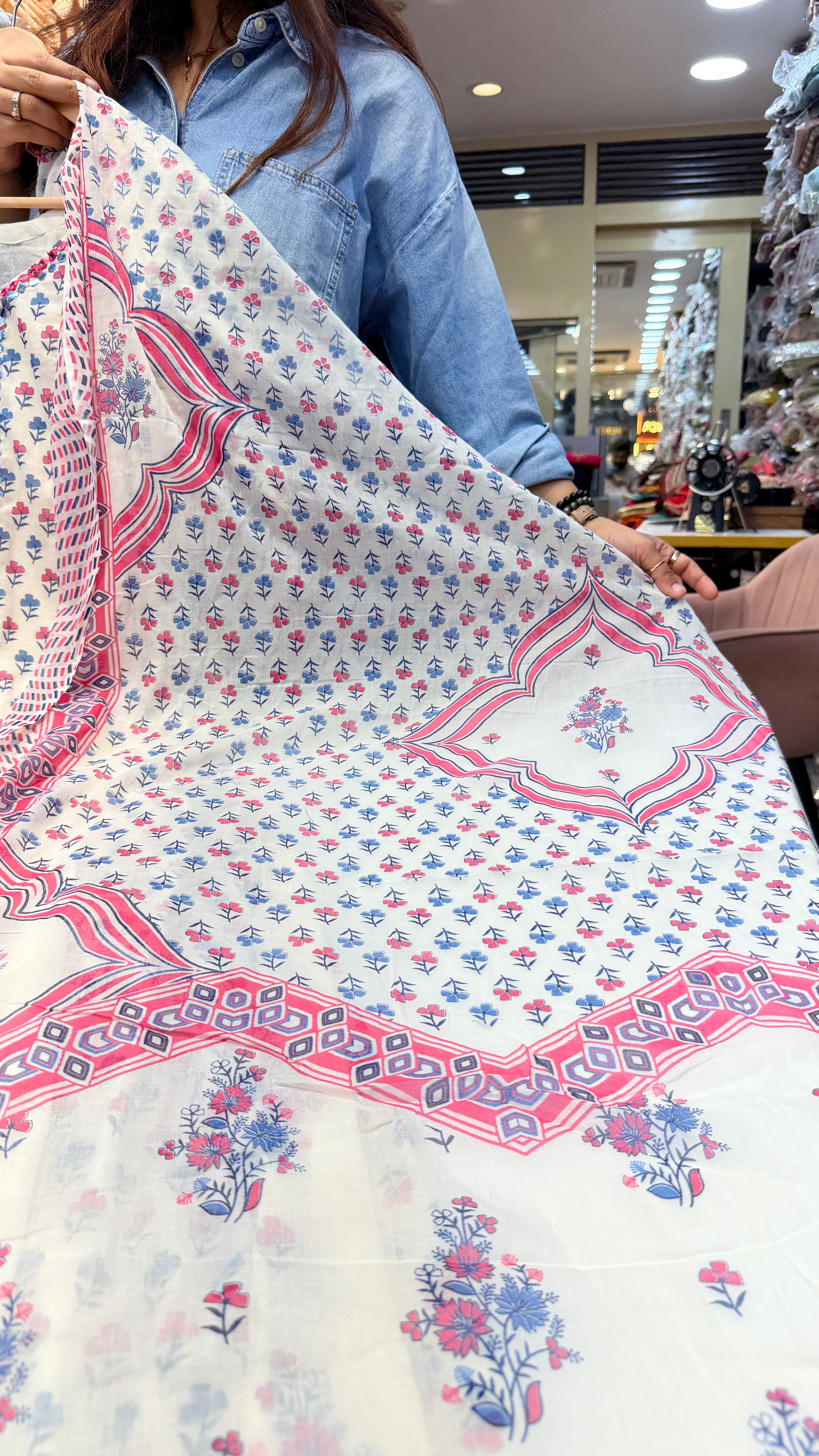 Floral Printed Cotton Kurta Set with Dupatta – Ivory, Pink & Blue