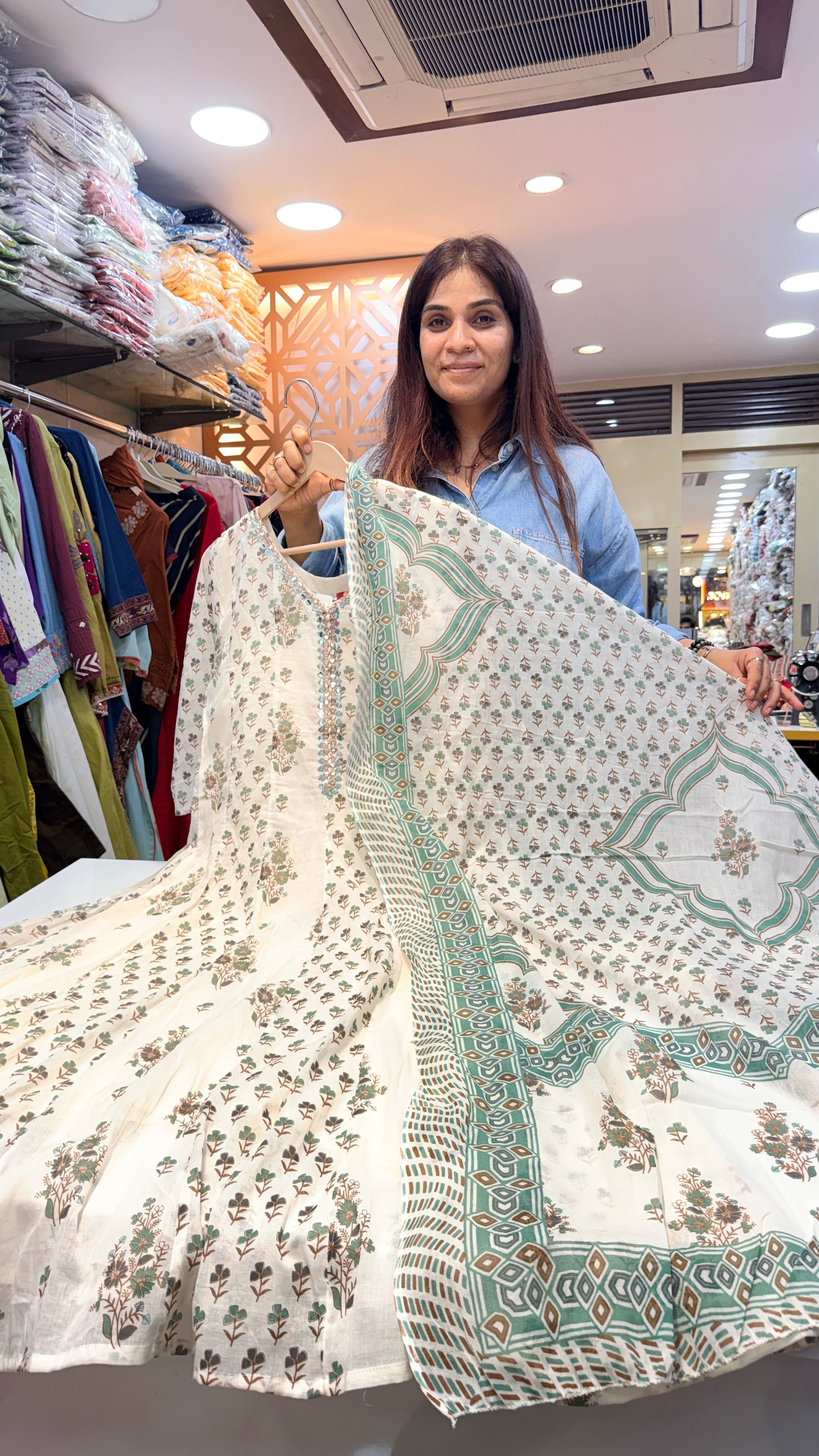 Printed Anarkali Set with Dupatta – Ivory & Sage Green