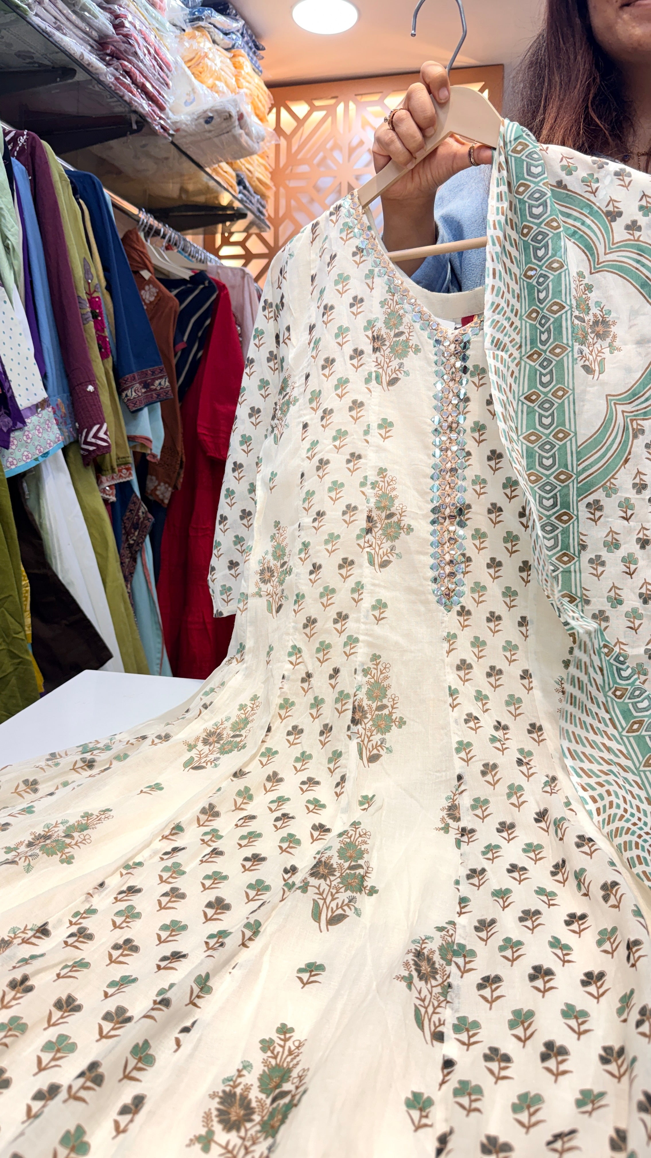 Printed Anarkali Set with Dupatta – Ivory & Sage Green