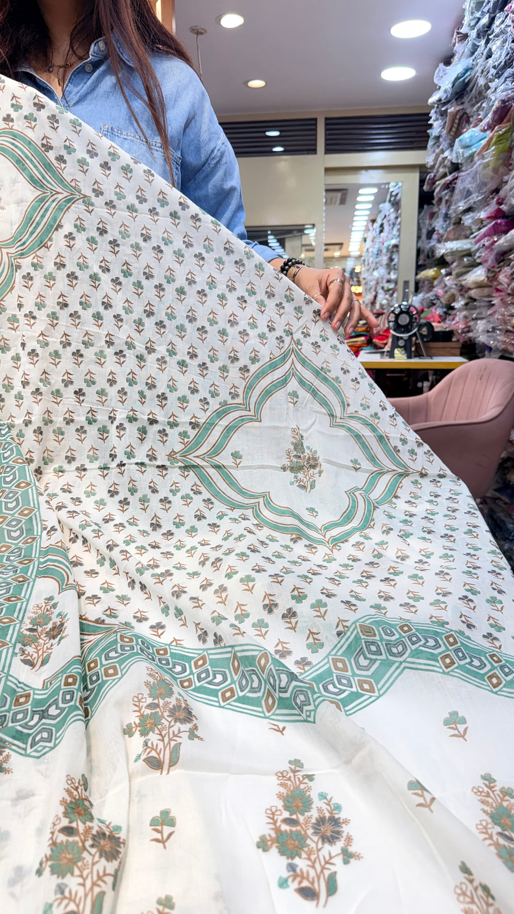 Printed Anarkali Set with Dupatta – Ivory & Sage Green