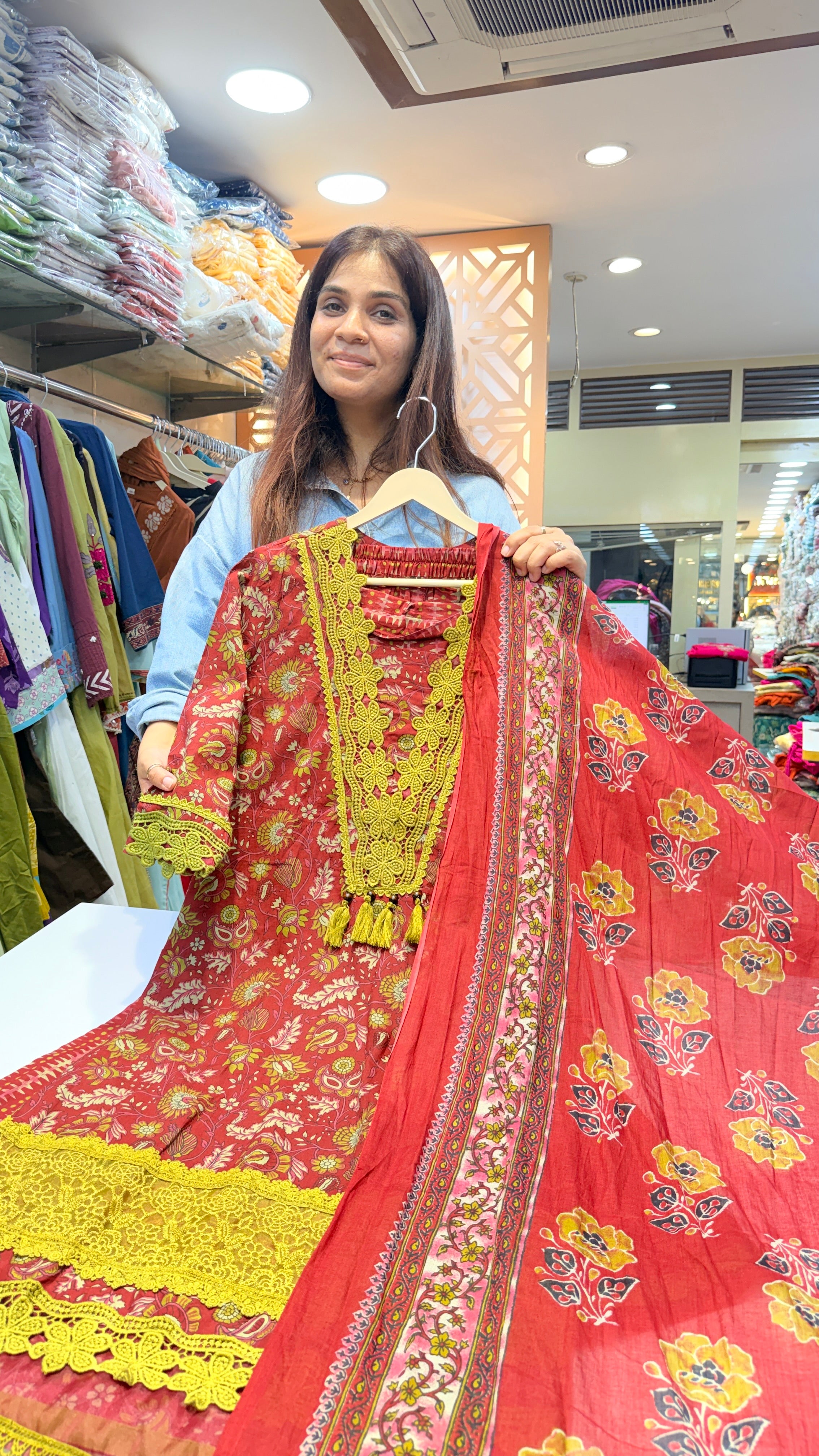 Red Floral Karachi Style Kurta Set with Lace Detailing & Printed Dupatta