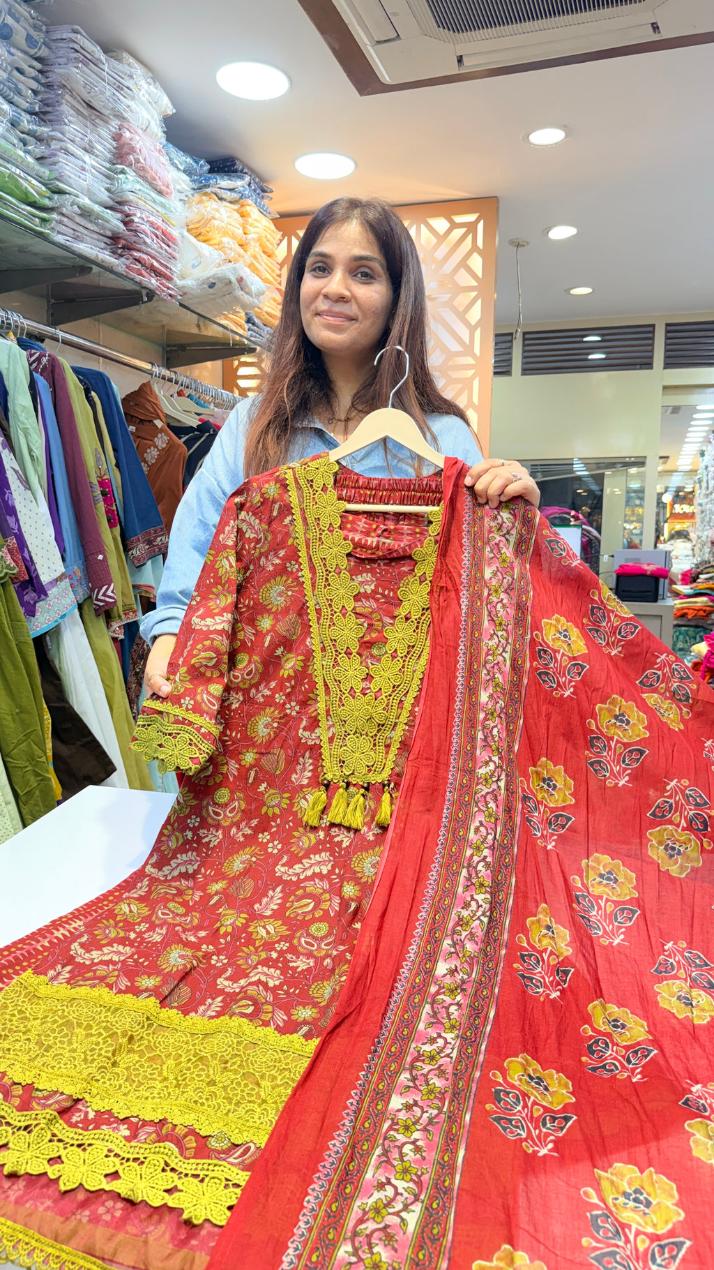 Red Floral Karachi Style Kurta Set with Lace Detailing & Printed Dupatta