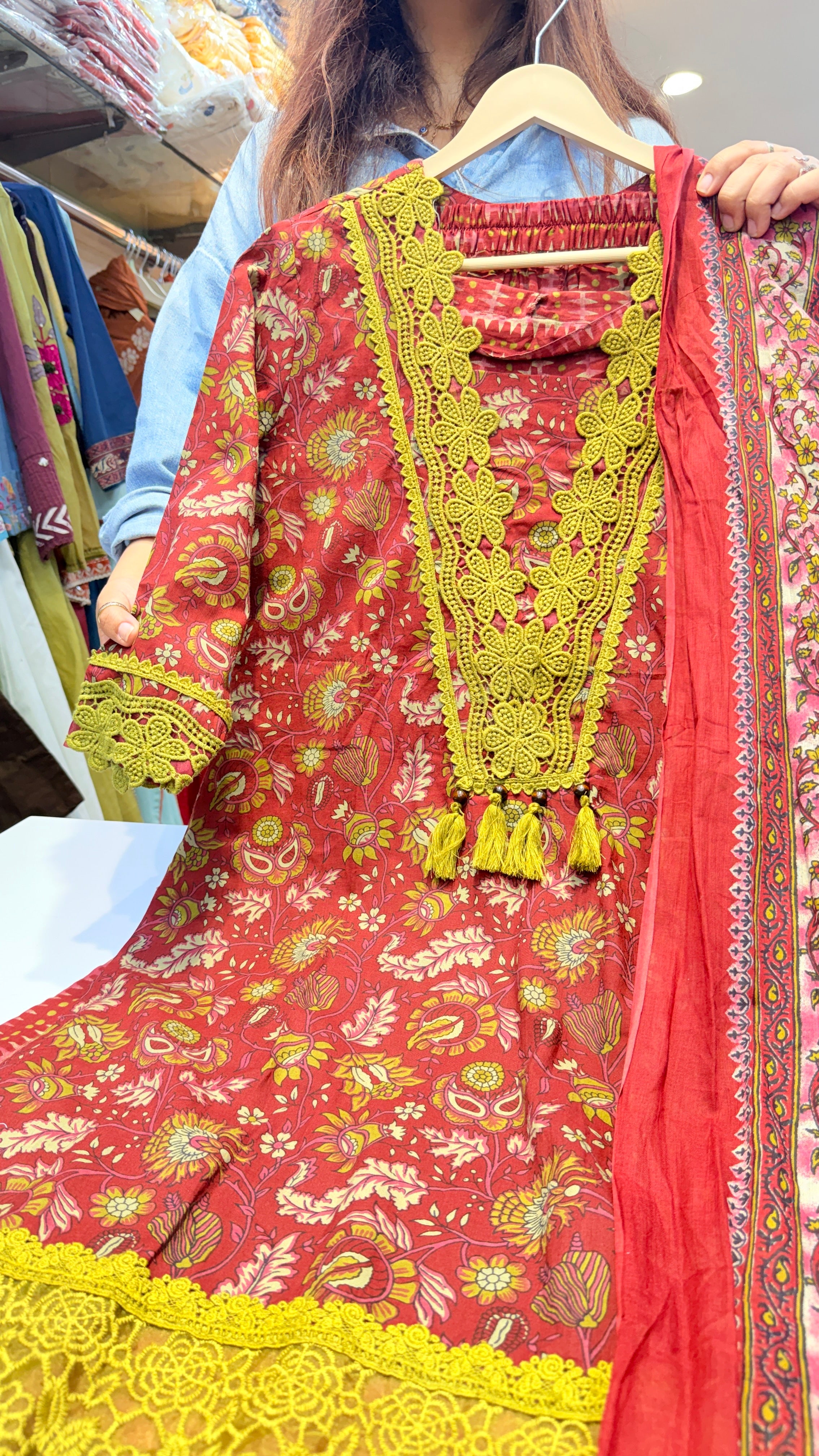 Red Floral Karachi Style Kurta Set with Lace Detailing & Printed Dupatta