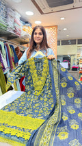 Blue Floral Karachi Style Kurta Set with Lace Detailing & Printed Dupatta