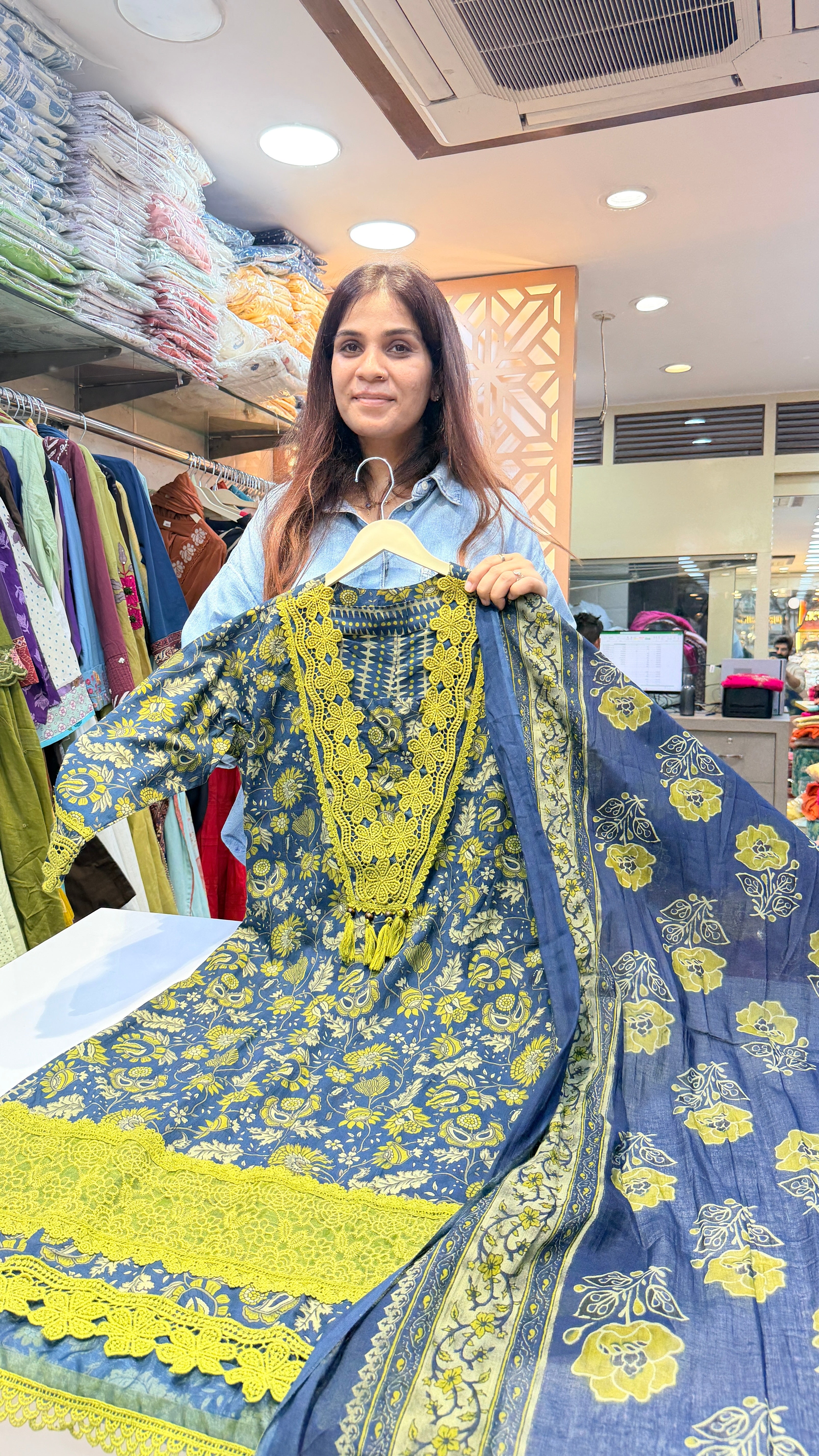 Blue Floral Karachi Style Kurta Set with Lace Detailing & Printed Dupatta