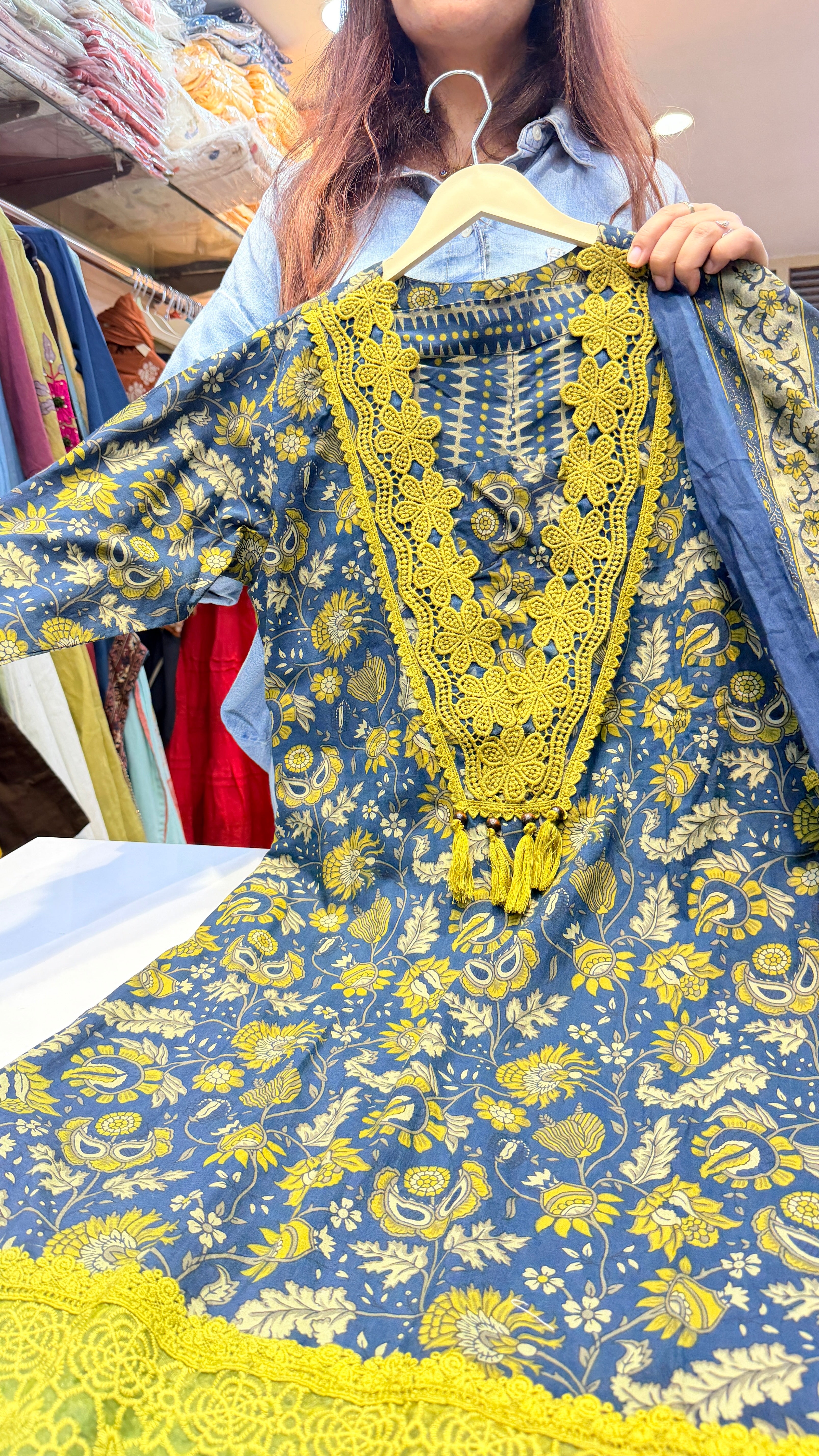 Blue Floral Karachi Style Kurta Set with Lace Detailing & Printed Dupatta