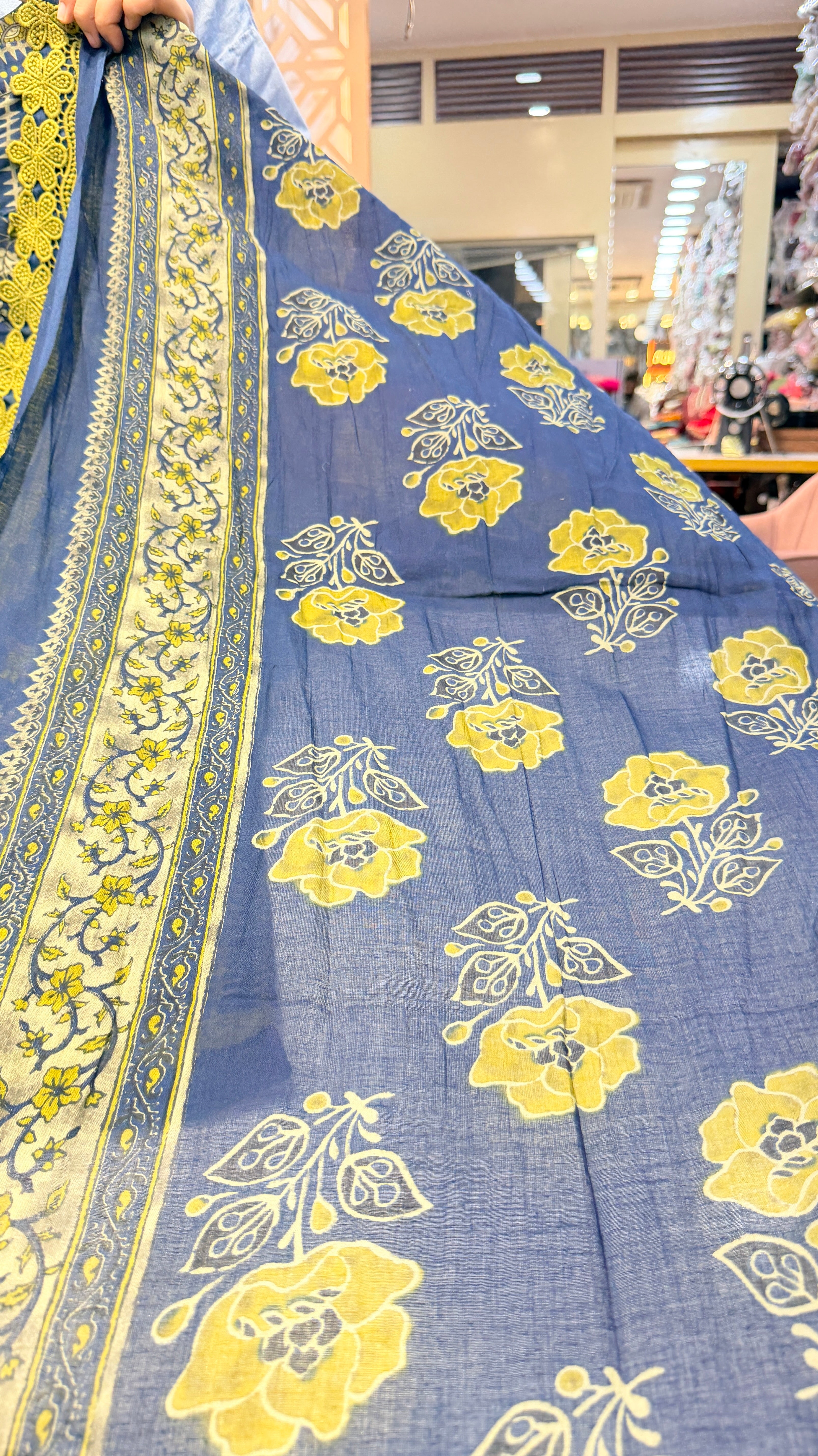 Blue Floral Karachi Style Kurta Set with Lace Detailing & Printed Dupatta