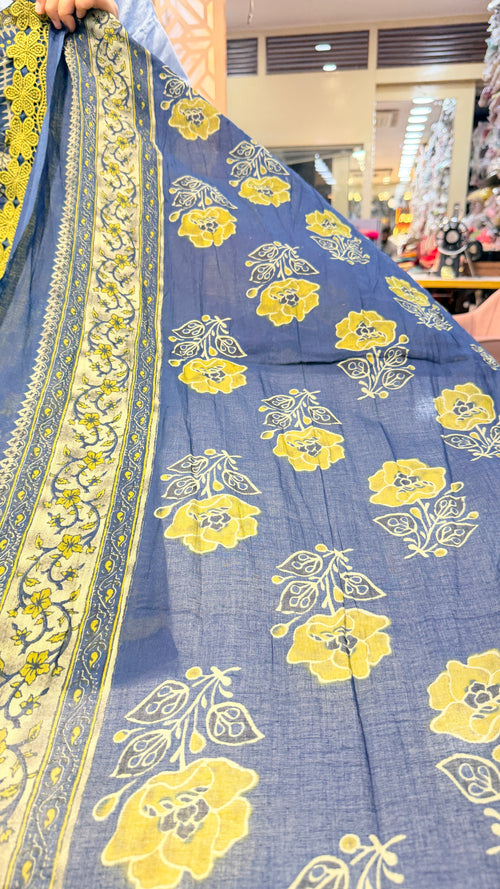 Blue Floral Karachi Style Kurta Set with Lace Detailing & Printed Dupatta