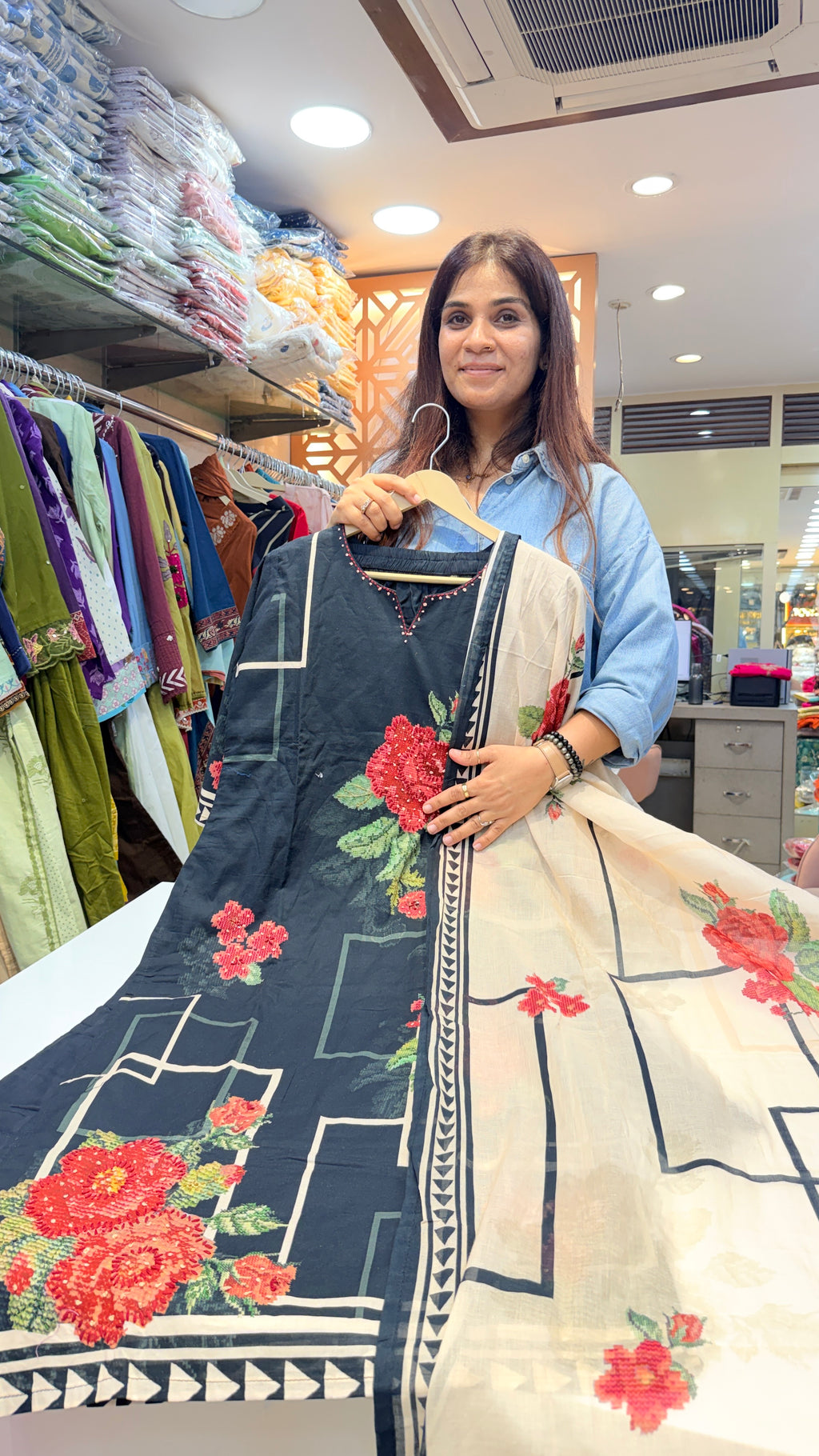 Midnight Bloom Mul Cotton Suit Set with Printed Dupatta