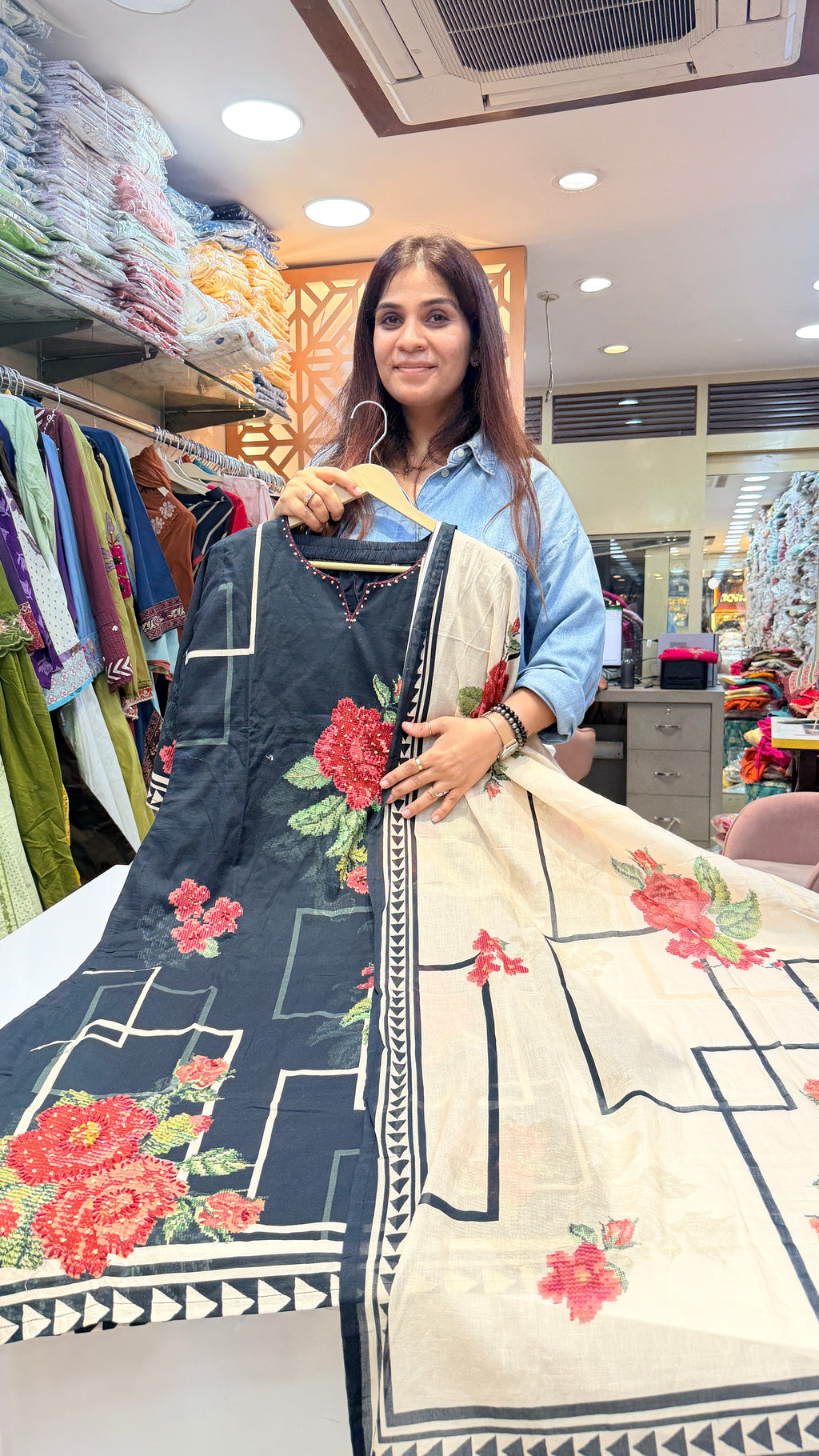 Midnight Bloom Mul Cotton Suit Set with Printed Dupatta