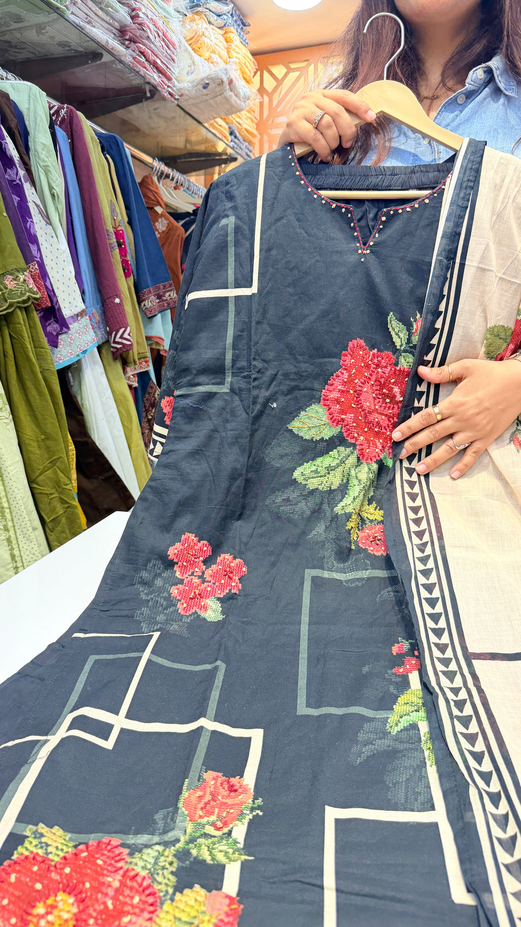 Midnight Bloom Mul Cotton Suit Set with Printed Dupatta