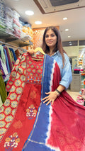 Red Printed Kurta Set with Contrast Panel & Blue Tie-Dye Dupatta