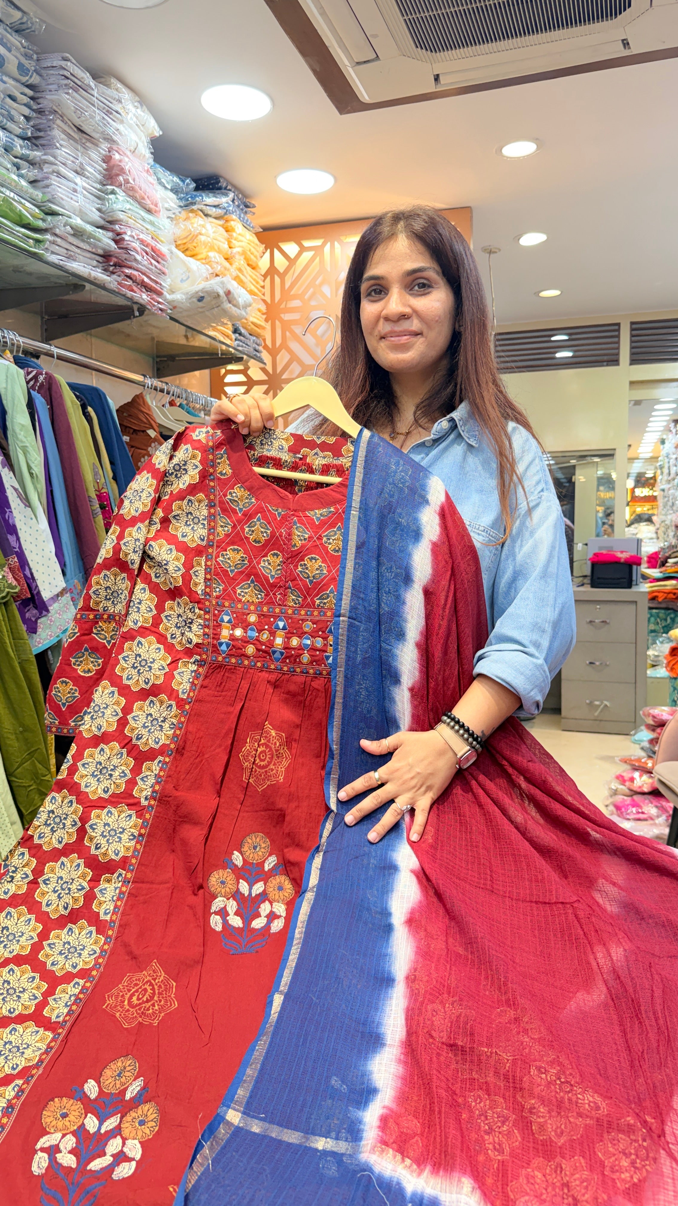 Red Printed Kurta Set with Contrast Panel & Blue Tie-Dye Dupatta