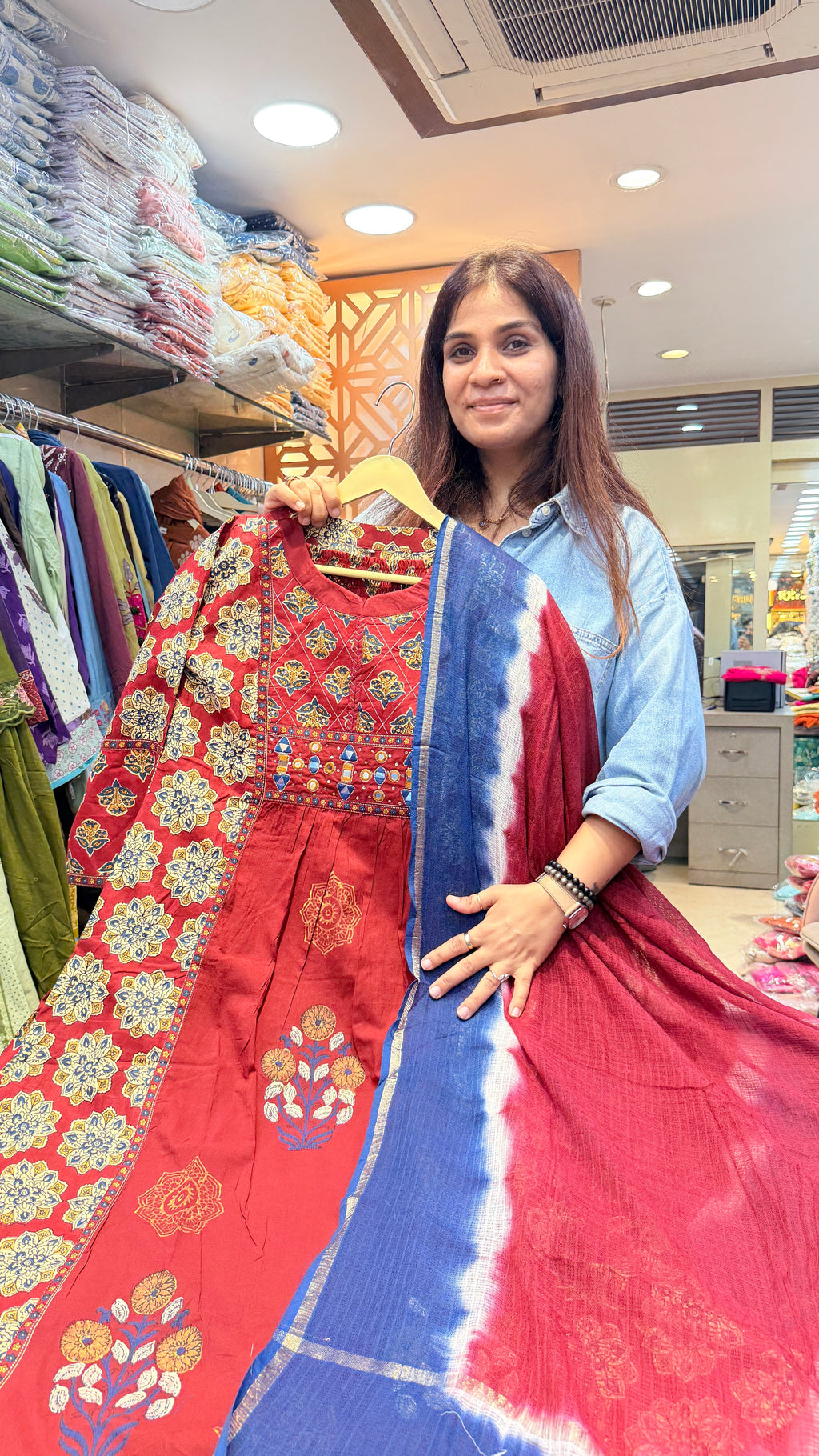 Red Printed Kurta Set with Contrast Panel & Blue Tie-Dye Dupatta