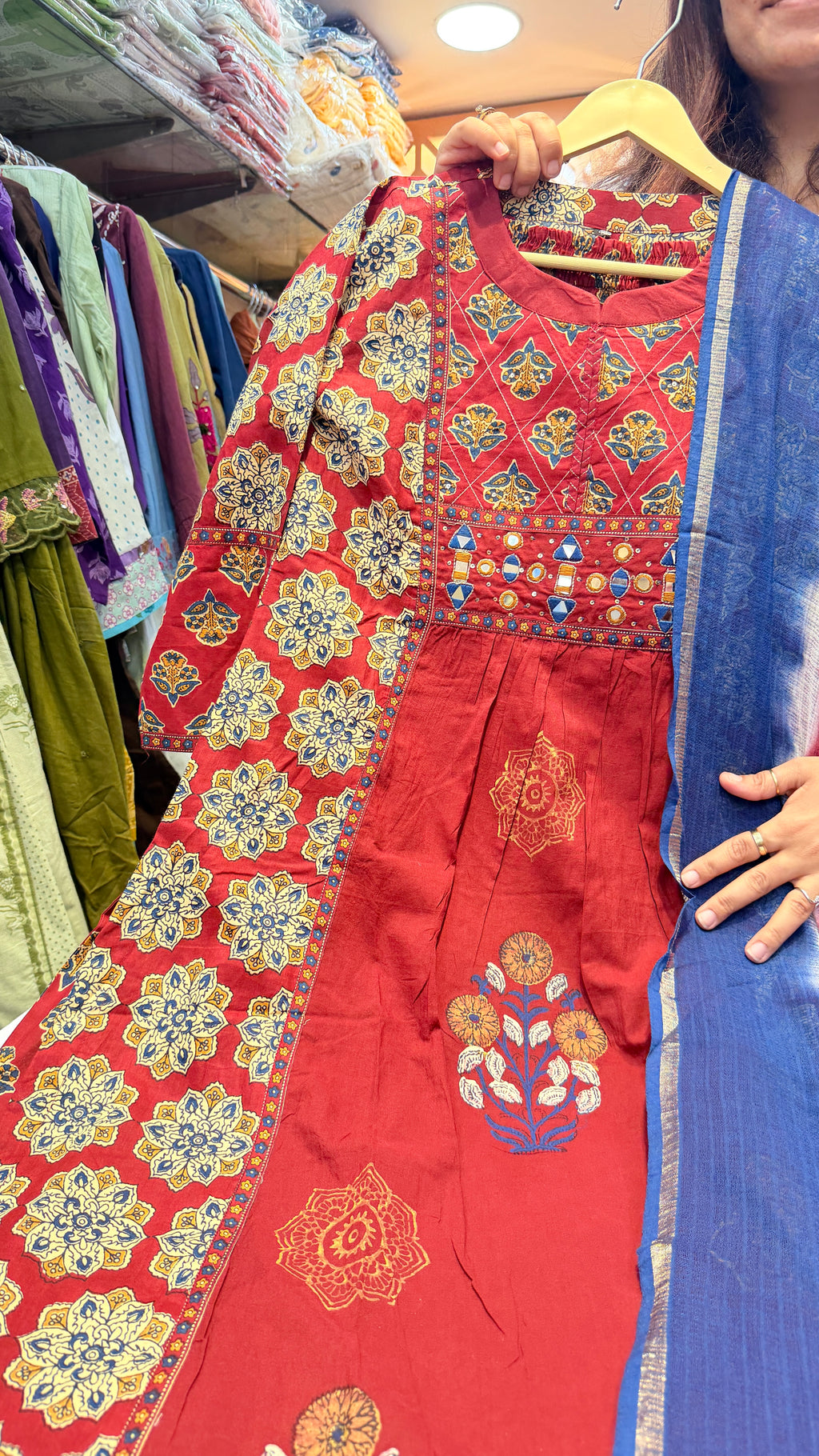 Red Printed Kurta Set with Contrast Panel & Blue Tie-Dye Dupatta