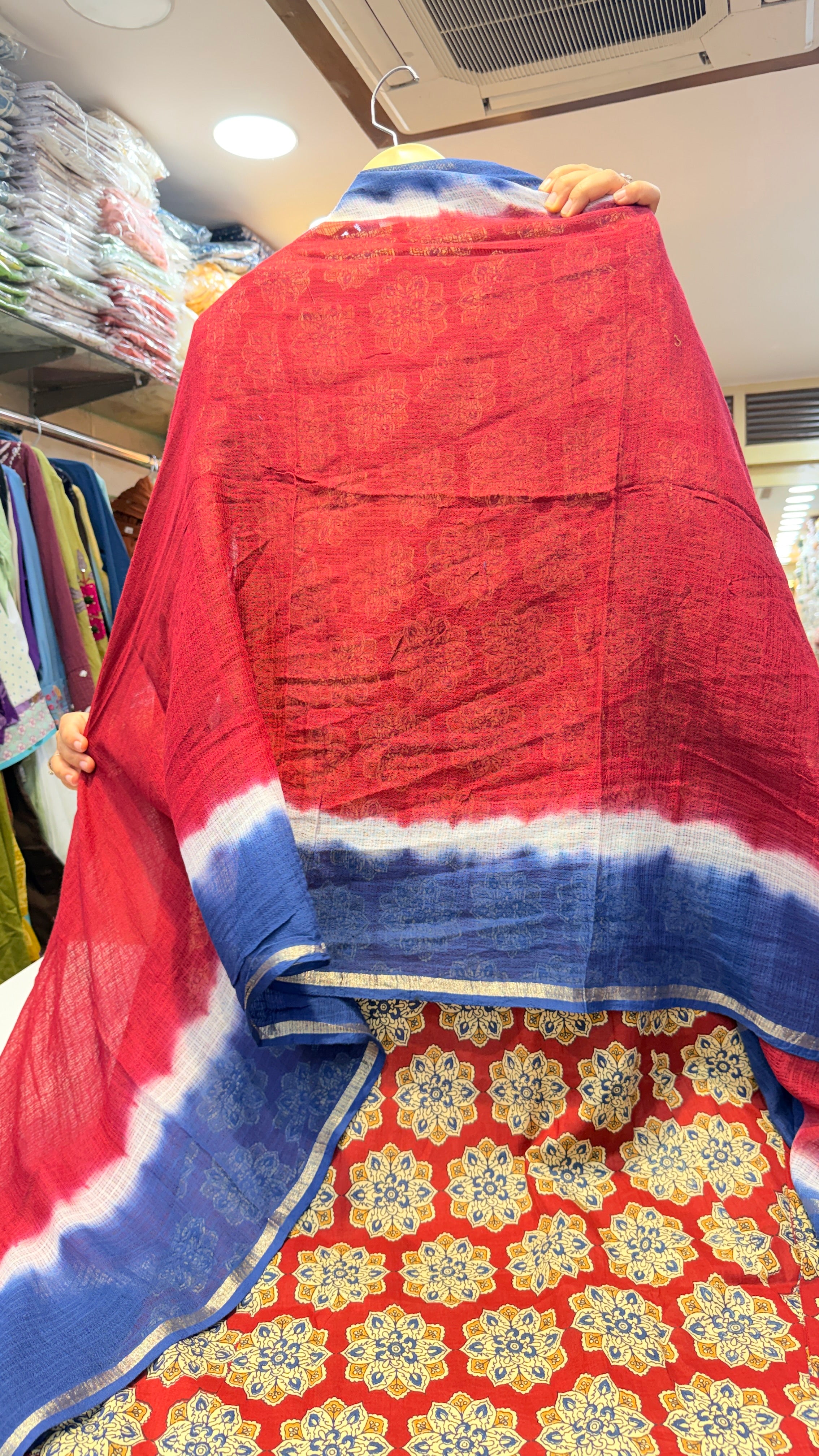 Red Printed Kurta Set with Contrast Panel & Blue Tie-Dye Dupatta