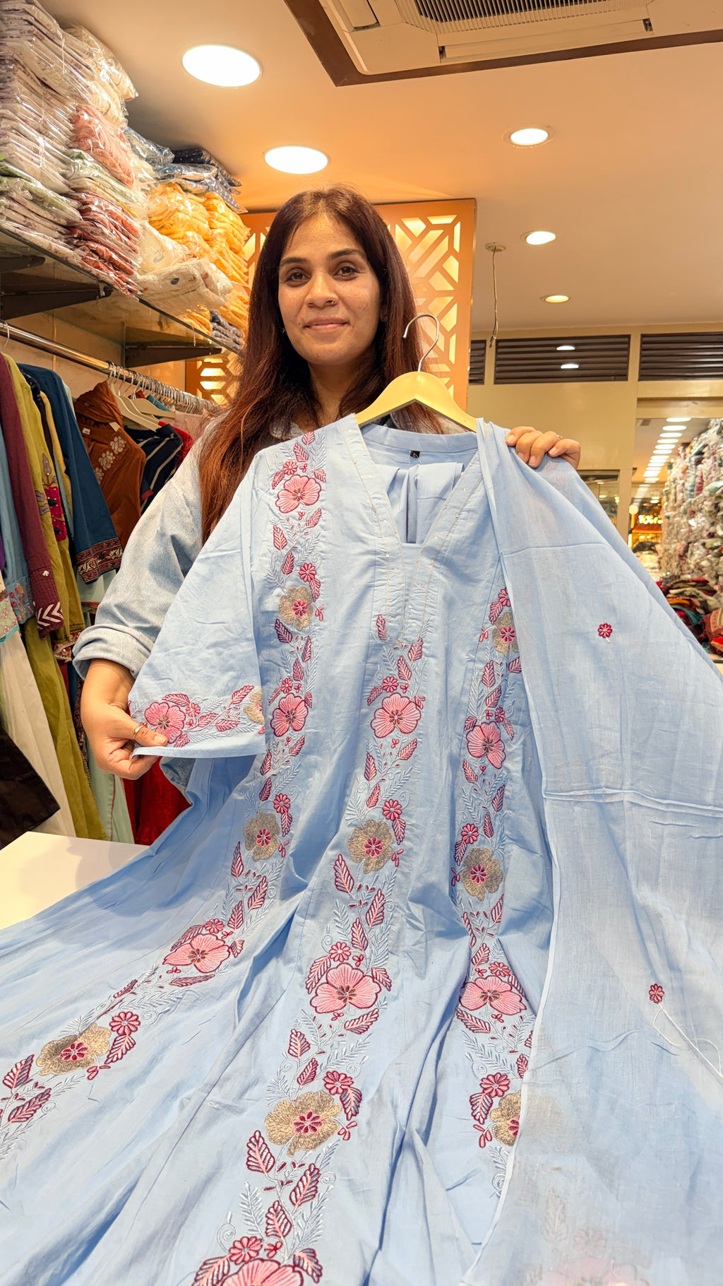 Floral Embroidered Mul Cotton Suit Set – Powder Blue