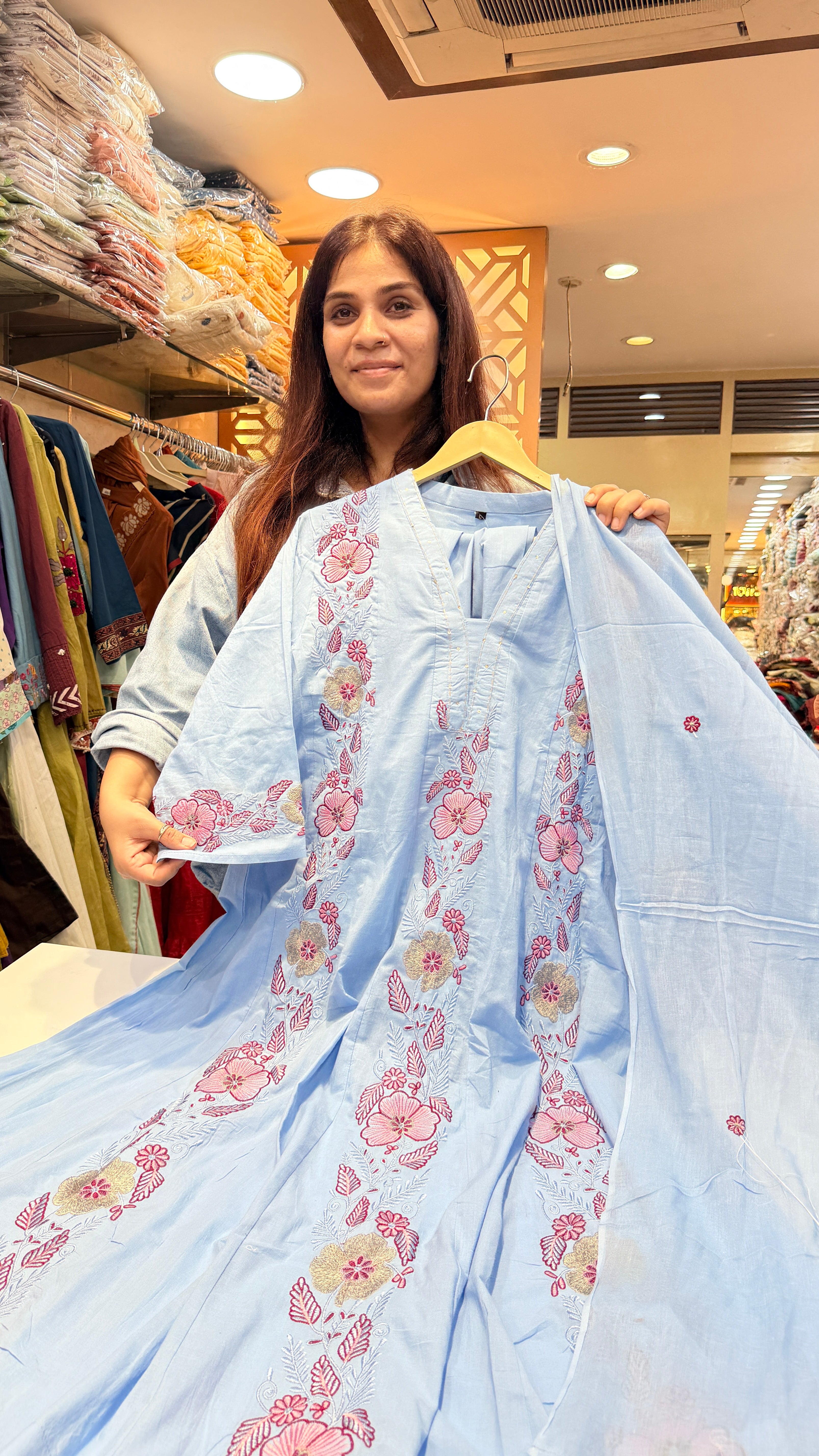 Floral Embroidered Mul Cotton Suit Set – Powder Blue