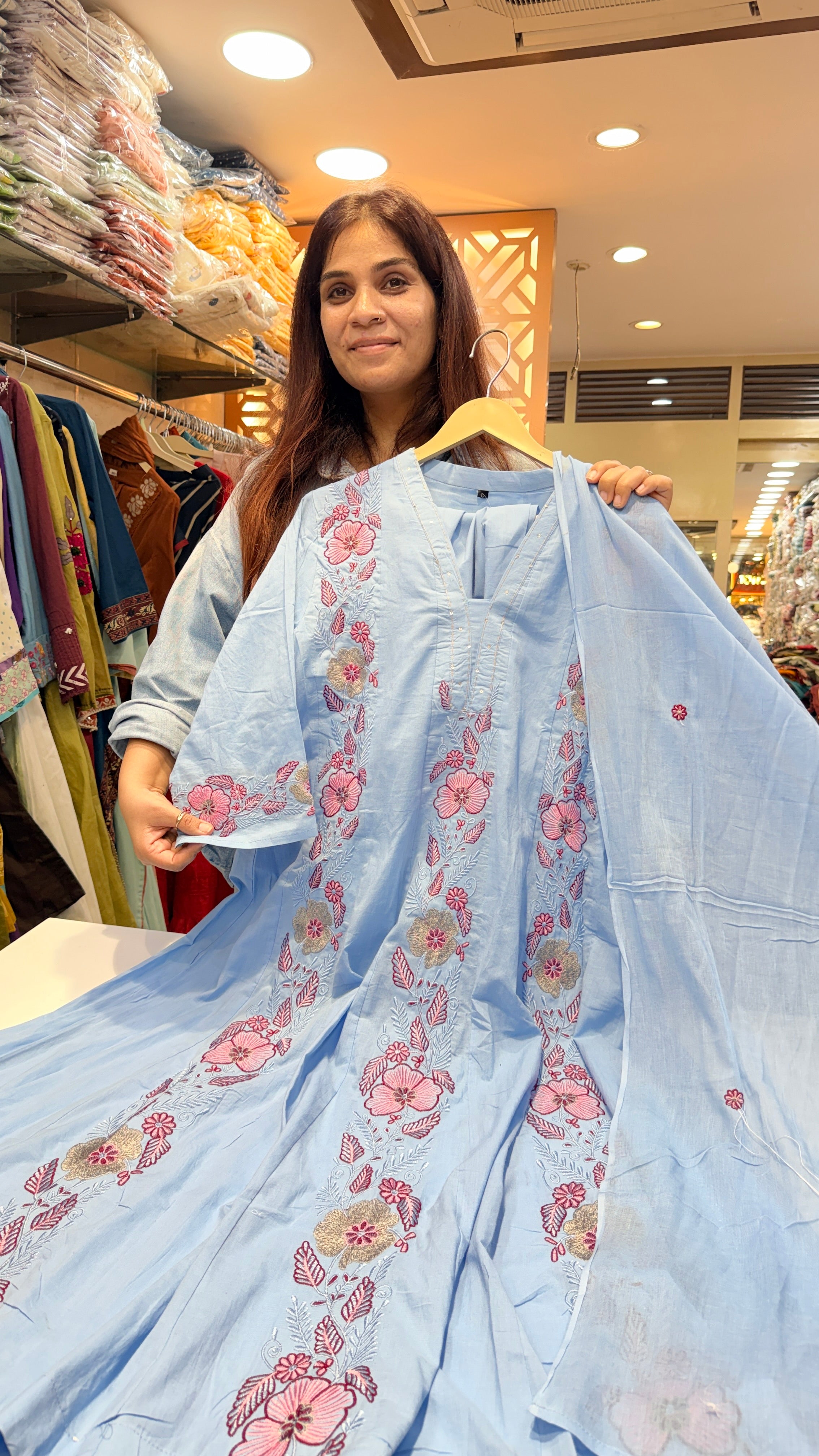 Floral Embroidered Mul Cotton Suit Set – Powder Blue