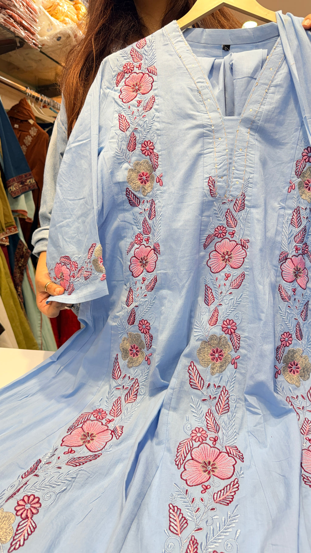 Floral Embroidered Mul Cotton Suit Set – Powder Blue