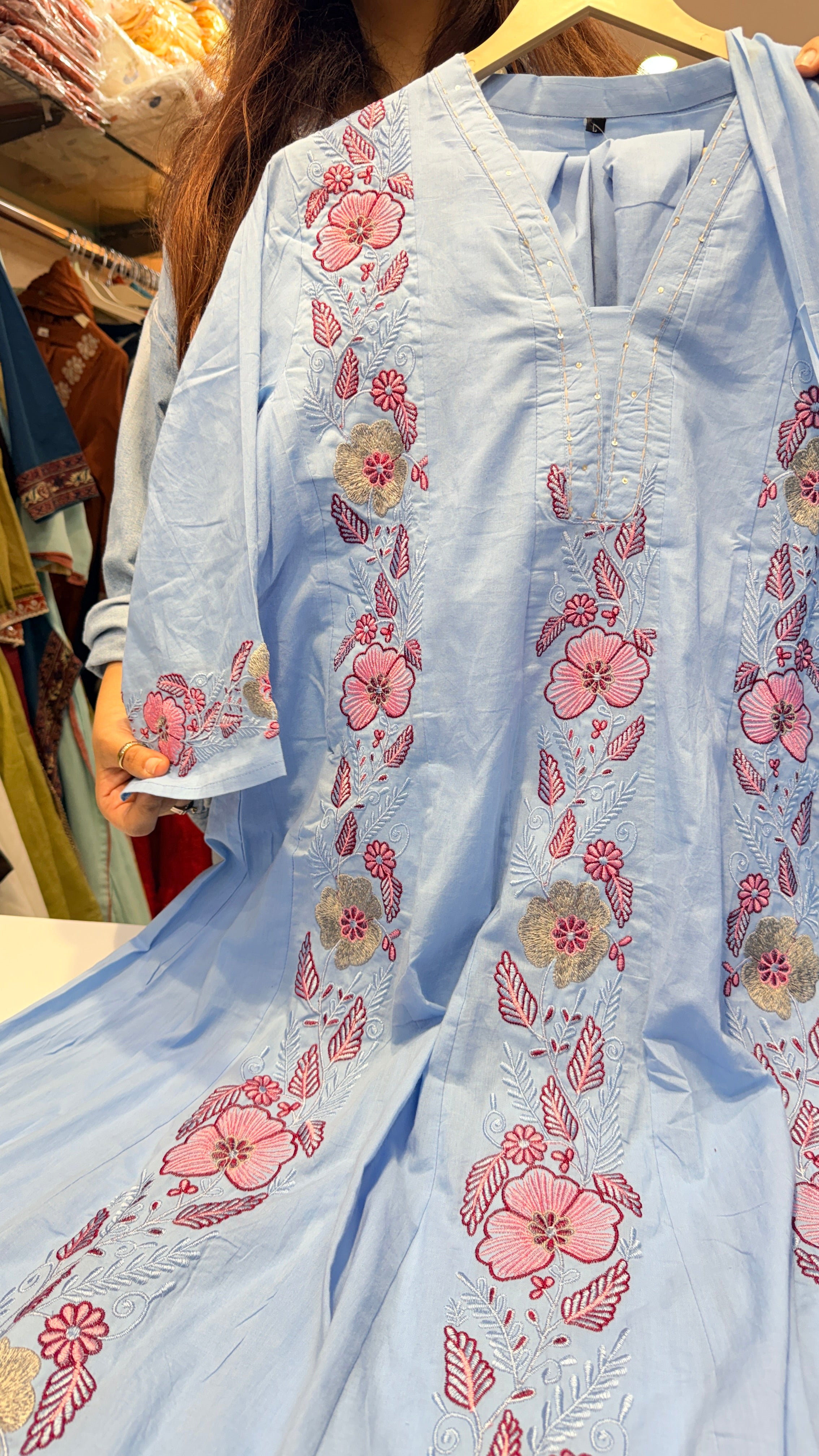 Floral Embroidered Mul Cotton Suit Set – Powder Blue