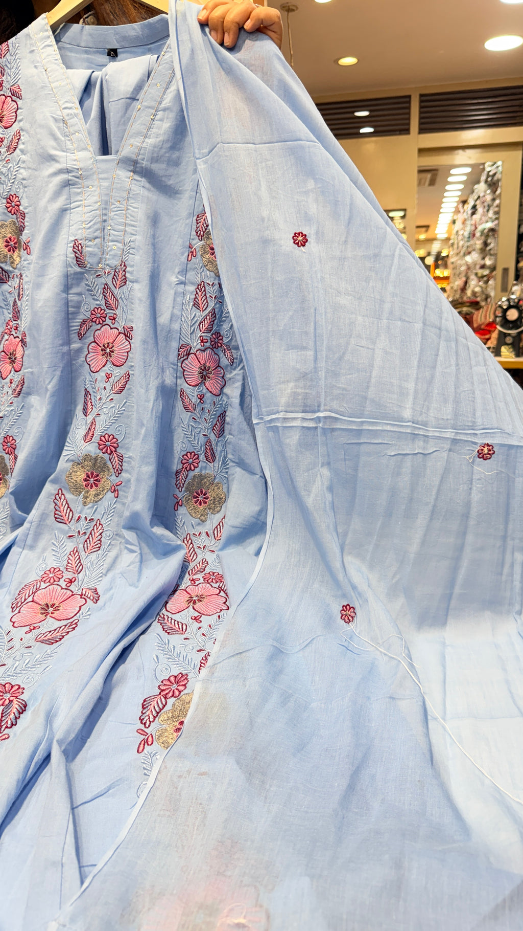 Floral Embroidered Mul Cotton Suit Set – Powder Blue
