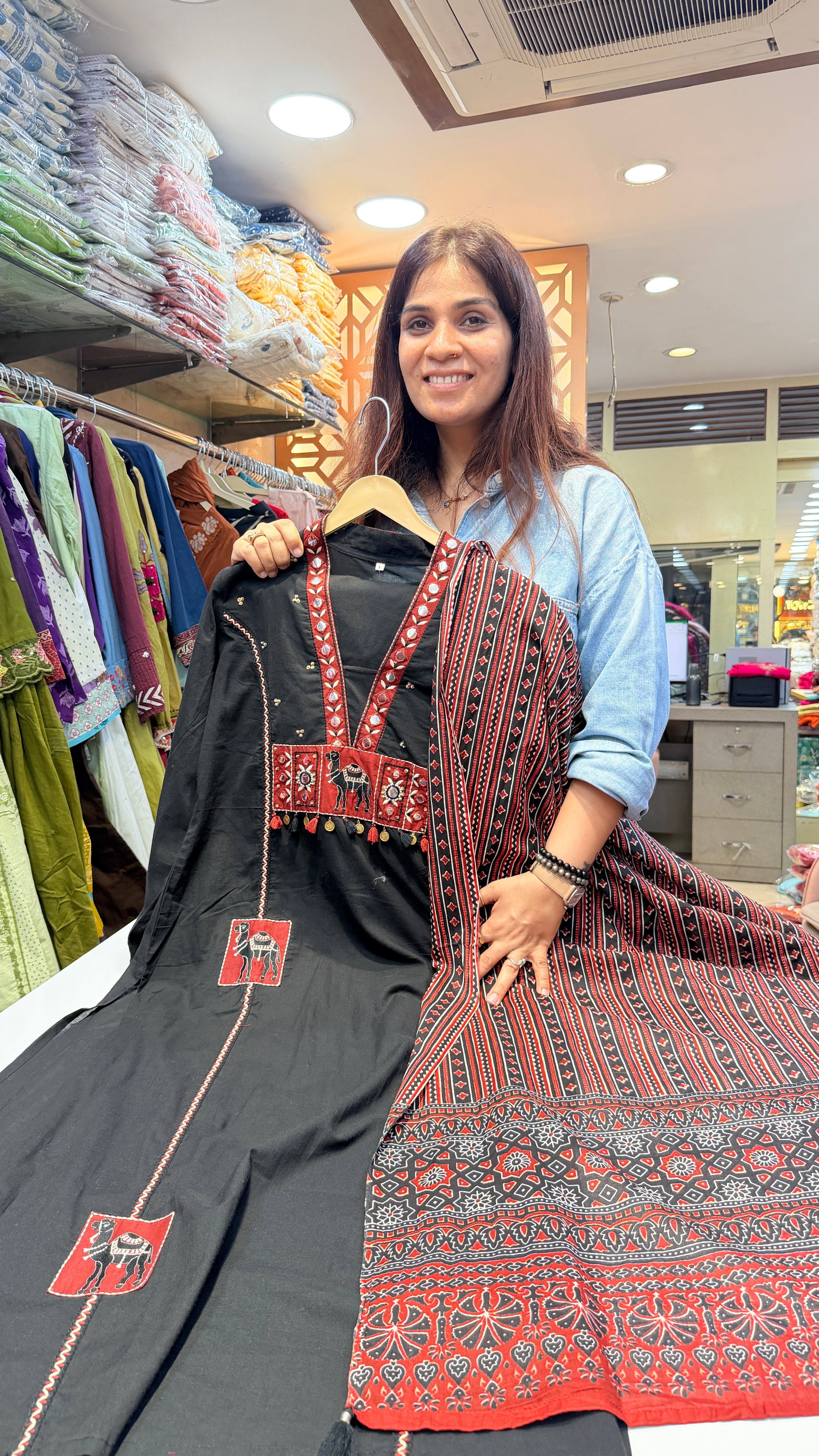 Black Tribal Applique Work Cotton Suit Set with Printed Dupatta