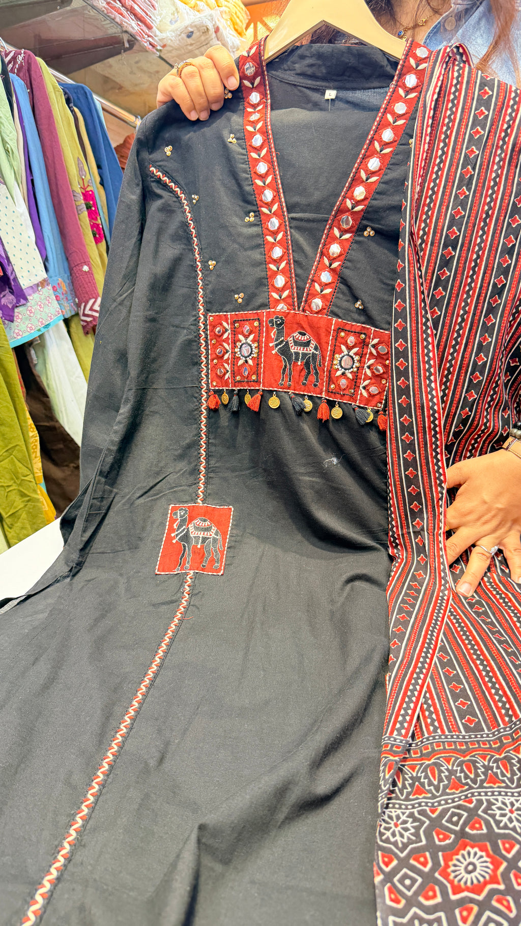 Black Tribal Applique Work Cotton Suit Set with Printed Dupatta