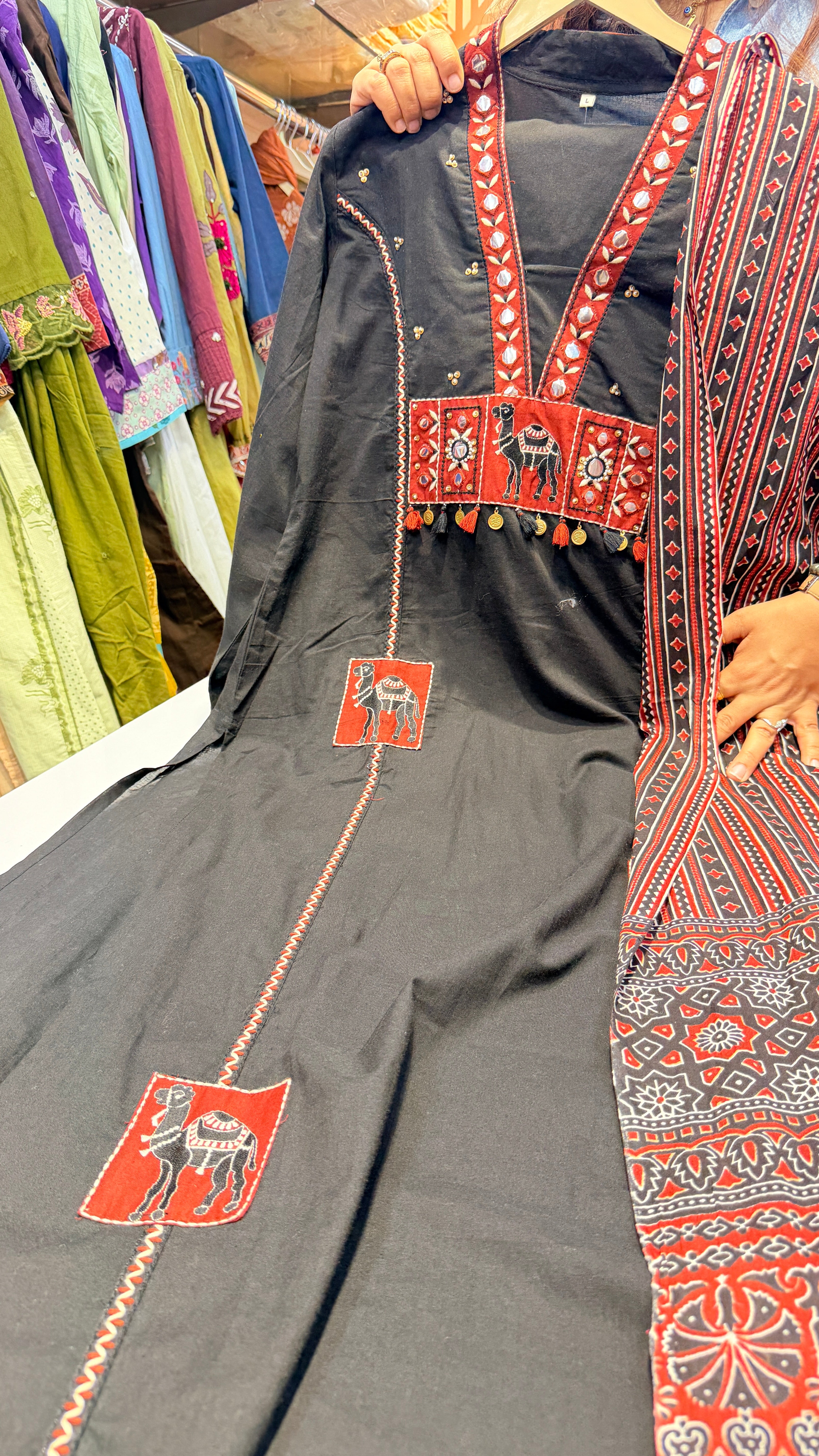 Black Tribal Applique Work Cotton Suit Set with Printed Dupatta
