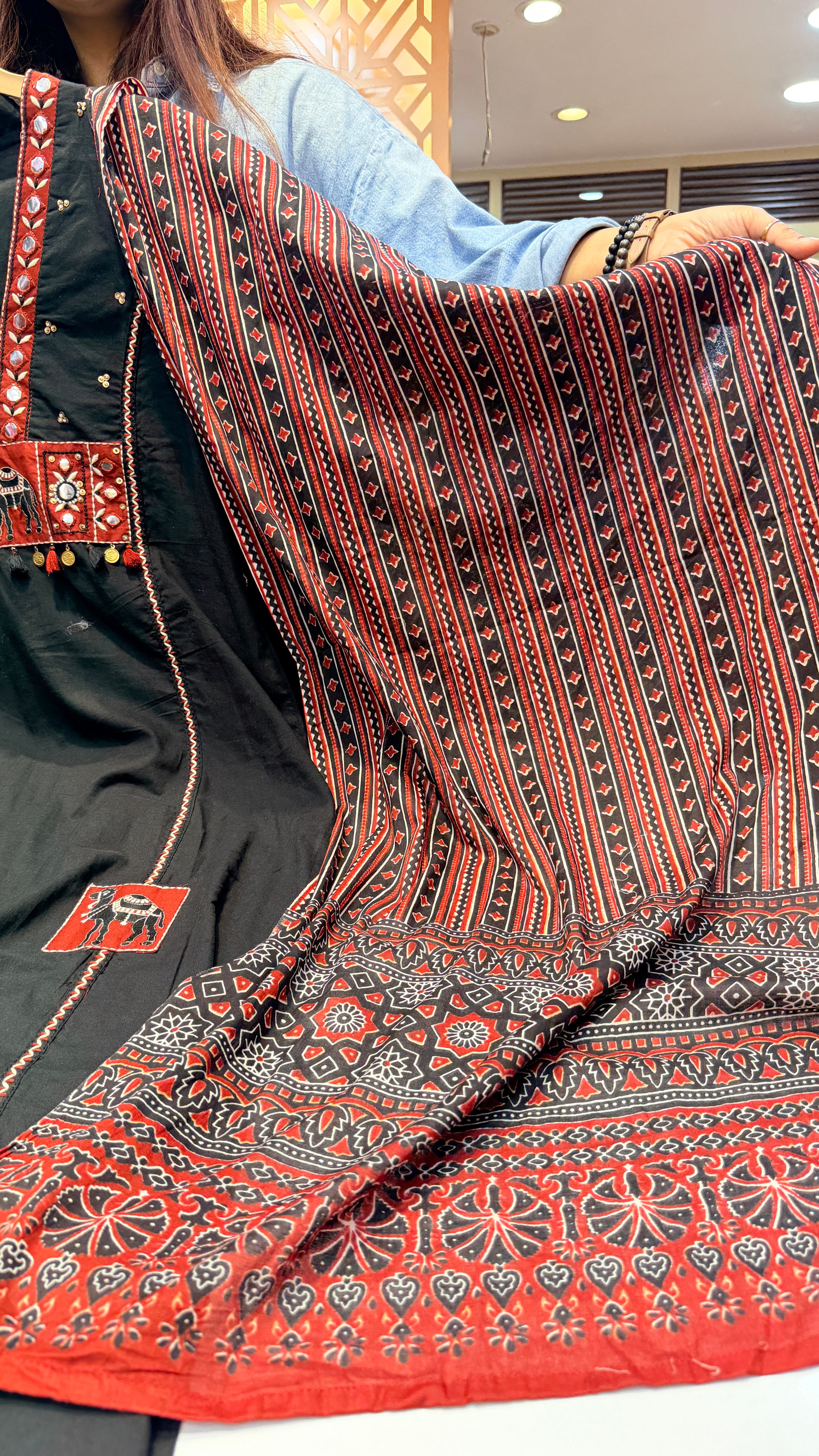 Black Tribal Applique Work Cotton Suit Set with Printed Dupatta