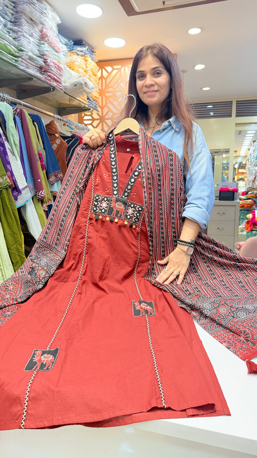 Tribal Applique Work Suit Set with Printed Dupatta