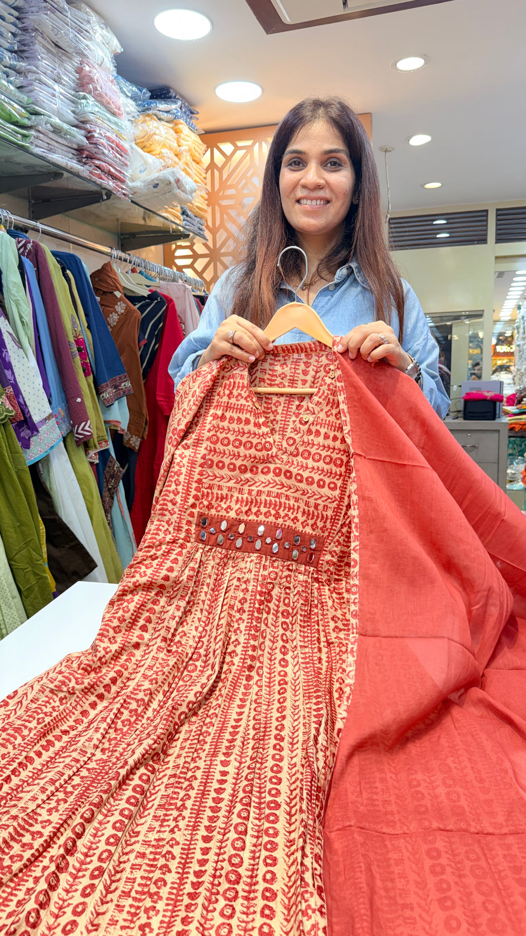 Beige & Rust Printed Cotton Suit Set