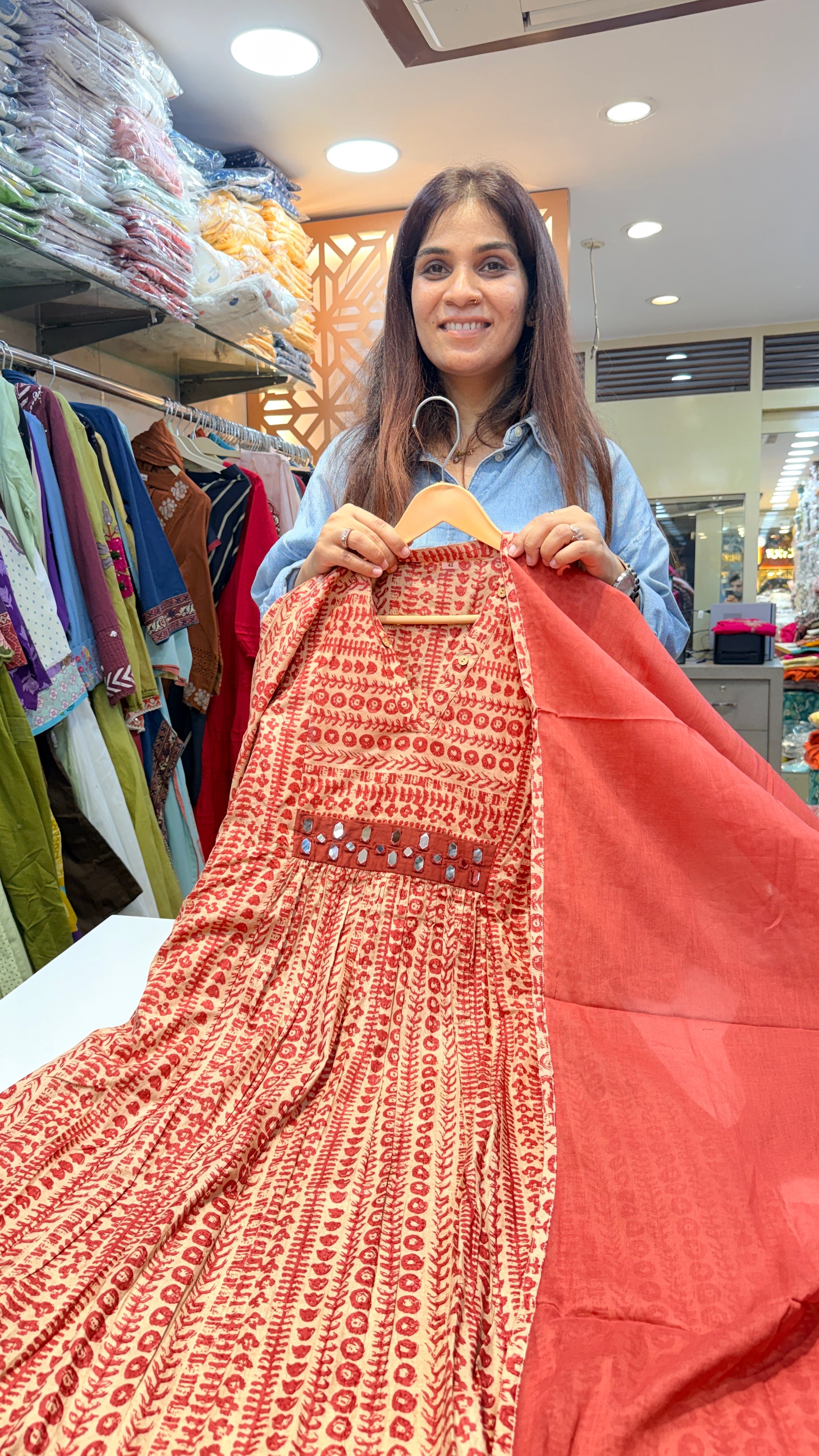 Beige & Rust Printed Cotton Suit Set